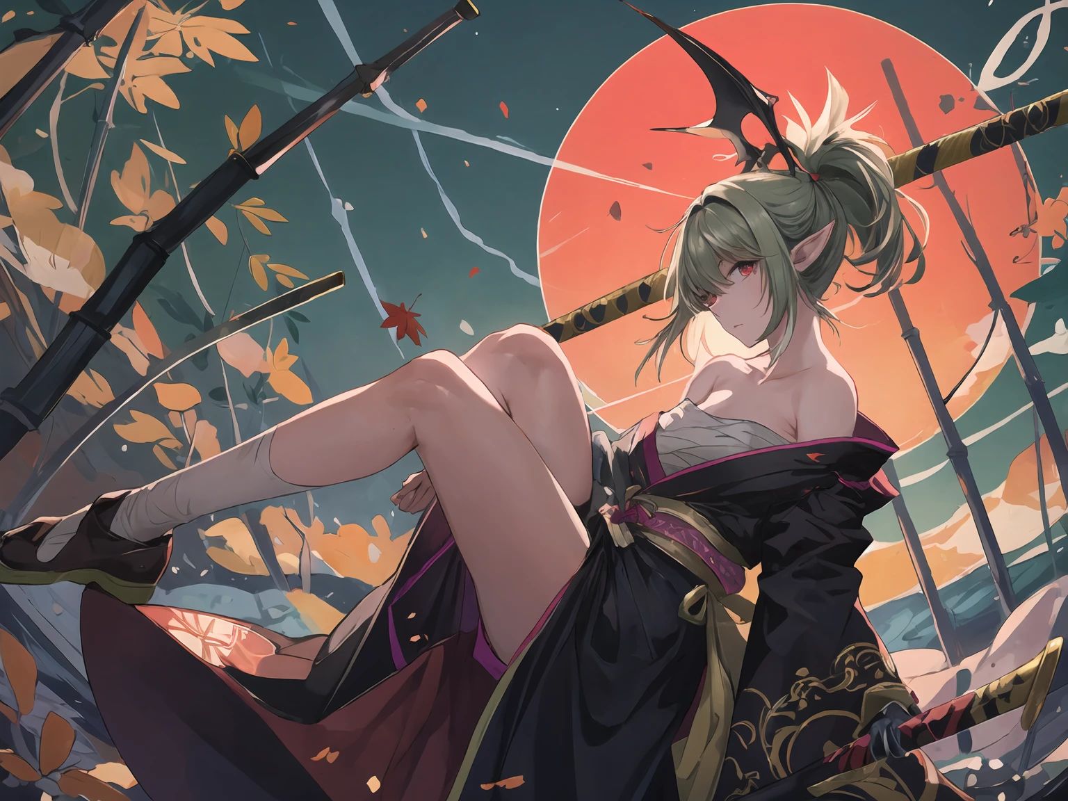 masterpiece,best quality,highres,cinematic lighting,dramatic angle,1girl,green hair,ponytail,pointy ears,red eyes,looking at viewer,bare shoulders,bandages,kimono,legs,serious,<lora:ShadowverseYuzukiV8-000024:0.8:lbw=1,0.2,0.8,0.2,0.2,0.8,0.8,0.2,0.8,1,1,1,1,1,1,1,1>,head wings,moon,bamboo,falling leaf,holding weapon,katana,slashing,drawing sword,standing,<lora:add_detail:0.5>,sheath,