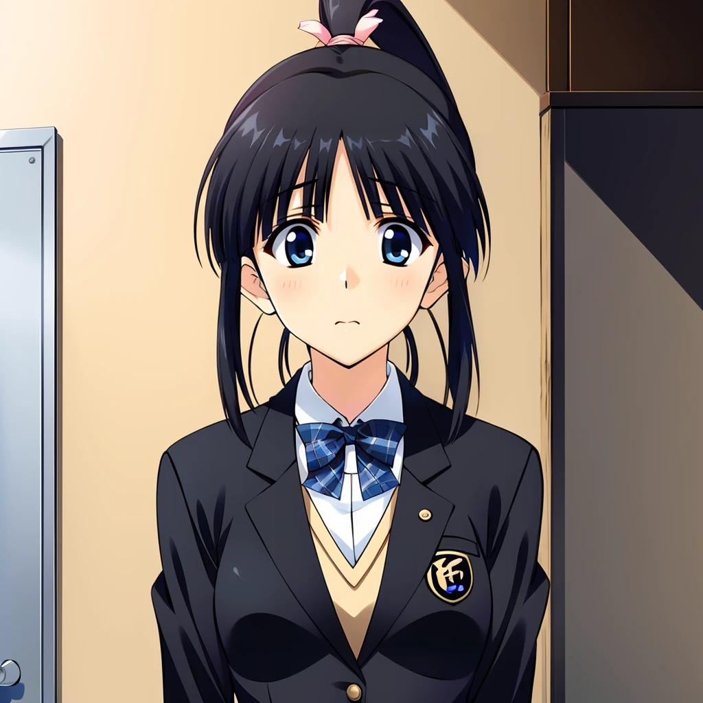 <lora:KoharuSugiura003:0.7>,
KoharuSugiura,1girl,solo,
high ponytail,blue eyes,(sidelocks:1.3),
school uniform,
bowtie,
black blazer,
plaid skirt,