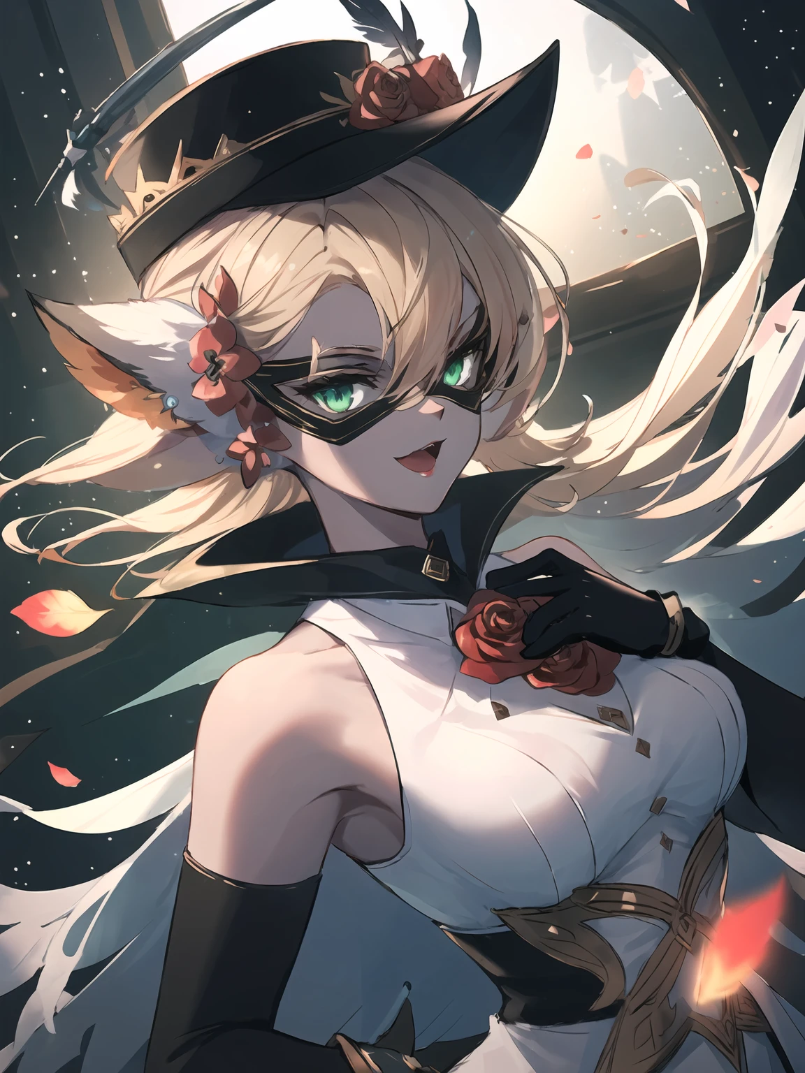 masterpiece,best quality,highres,cinematic lighting,dramatic angle,1girl,<lora:ShadowverseCosmosFangV2:0.8:lbw=jiangshi3>,furry,white vest,wide collar,black bodysuit,cape,blonde hair,looking at viewer,hat,feathers,mask,frills,hair flower,green eyes,:3,bare shoulders,elbow gloves,clothing cutout,juliet gloves,rose on chest,gloves,highlight,jewelry,petals,night,dark sky,moonlight,depth of field,alternative2,animal ears,portrait,close-up,bowtie,holding weapon,sword,lightsaber,glowing,dynamic angle,:d,indoors