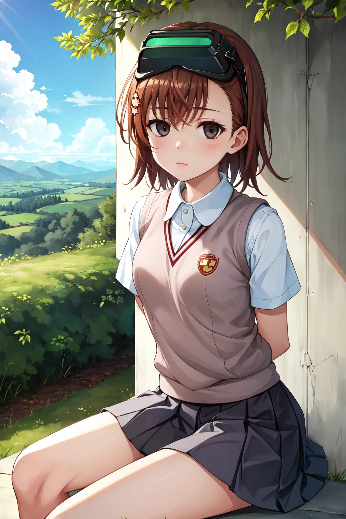 masterpiece, best quality, highres,
MisakaImoutoDef, 1girl, solo, cover, short hair, brown hair, black eyes, (empty eyes:1.2), goggles, goggles on head, head-mounted display,
school uniform, sweater vest, shirt, skirt, pleated skirt, white shirt, v-neck, short sleeves, tokiwadai school uniform, misaka imouto,
sitting, looking at viewer, arms behind back, outdoors, forest, field, sky, blue sky, sunlight, <lora:LoRA_MisakaImouto:1>
