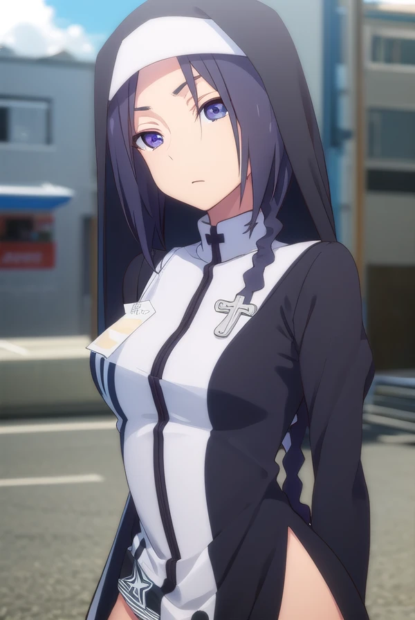 yaeshinatsuhiko, <lora:yae shinatsuhiko hnu-lora-nochekaiser:1>,
yae shinatsuhiko, long hair, (purple eyes:1.1), braid, black hair,
BREAK thighhighs, striped, cross, striped thighhighs, nun, habit, long sleeves, dress, jewelry, boots, necklace, side slit,
BREAK outdoors, city, sun, clouds,
BREAK looking at viewer, (cowboy shot:1.5),
BREAK <lyco:GoodHands-beta2:1>, (masterpiece:1.2), best quality, high resolution, unity 8k wallpaper, (illustration:0.8), (beautiful detailed eyes:1.6), extremely detailed face, perfect lighting, extremely detailed CG, (perfect hands, perfect anatomy),