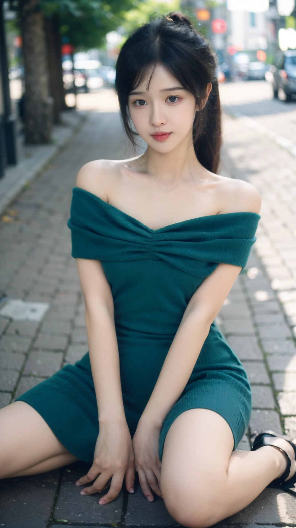 ((Best picture quality, 8K, tmasterpiece:1.3)), 1girll, Casual hairstyle, （off-shoulder blouse，Short pleated skirt：1.3）,（wet see through clothes：1.4），Ultra-fine face, A detailed eye, 二重まぶた，（long leges：1.4），（athletic sneakers：1.3）Erlang legs，Sit sideways on a high platform
