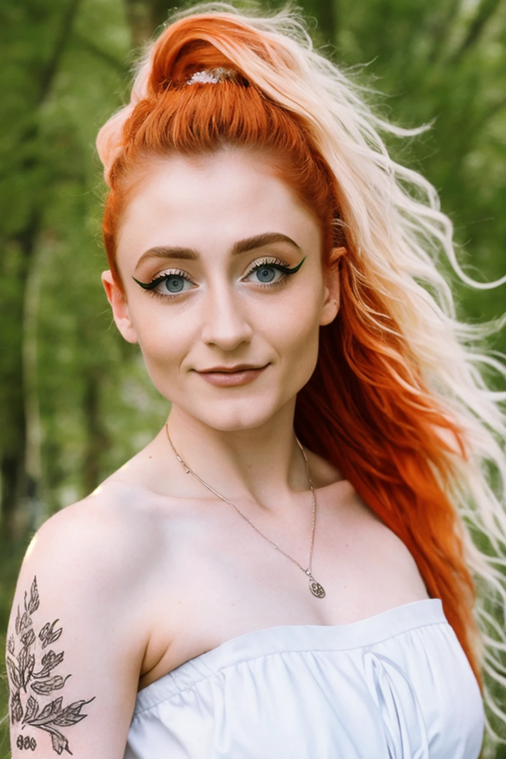 a RAW photo, closeup portrait of janetdevlin, girl wearing rad and white traditional slavic folklore outfit, birches, looking at viewer <lora:JanetDevlin:0.9>