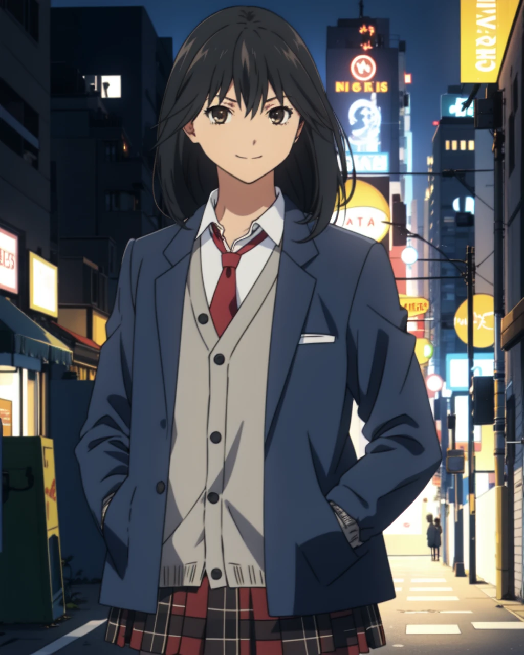 masterpiece, high quality, 1girl, misakiyamamoto, brown eyes, black hair, white shirt, red tie, grey sweater, blue jacket, red striped skirt, hands in pockets, medium shot, upper body, outdoors, city, street, night, (dynamic pose), light smile, <lora:misakiyamamoto-000010:0.9>