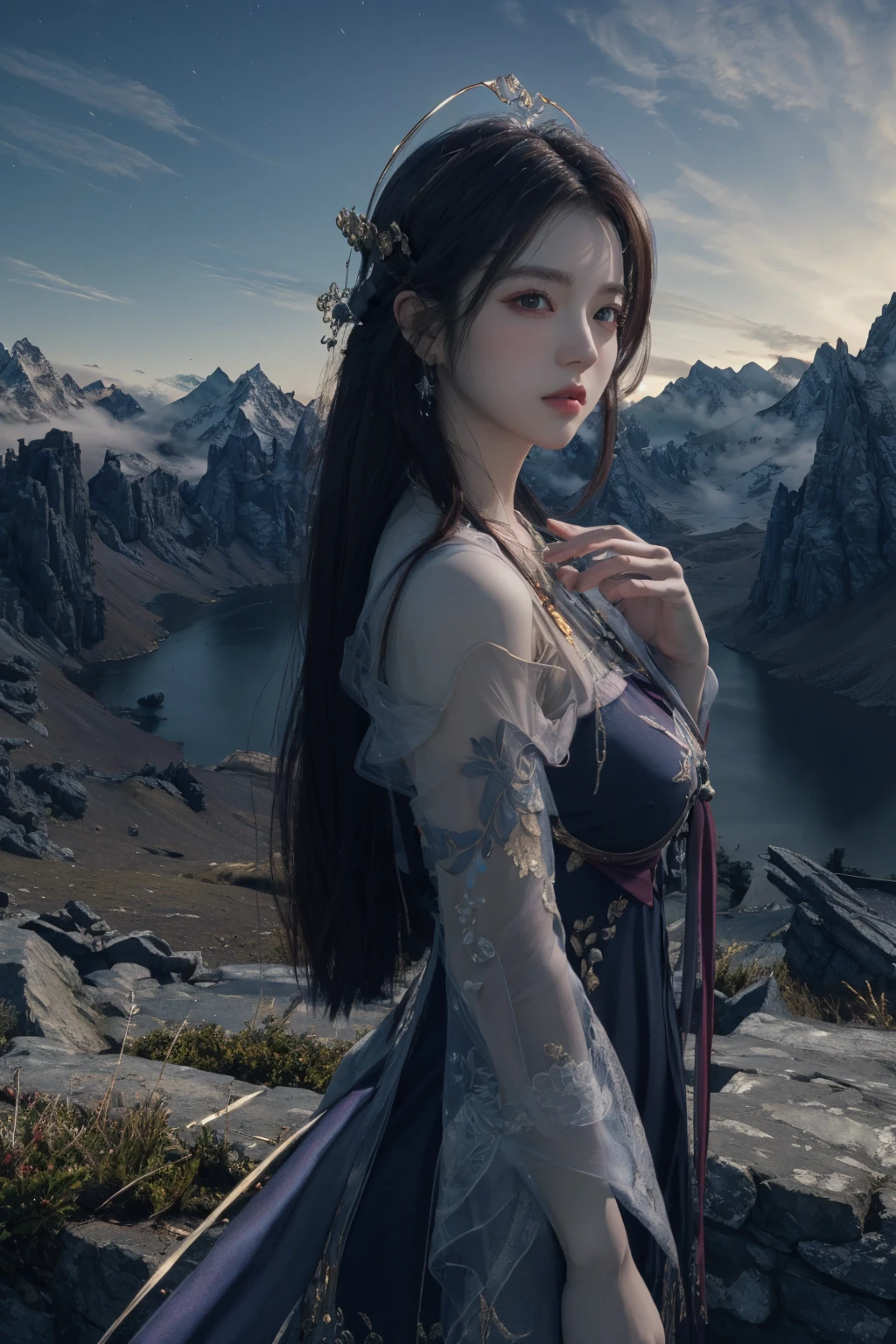 masterpiece,best quality,highly detailed,Amazing,finely detail,extremely detailed CG unity 8k wallpaper,score:>=60,xiannv,long sleeves,looking at viewer,outdoors,mountain,
