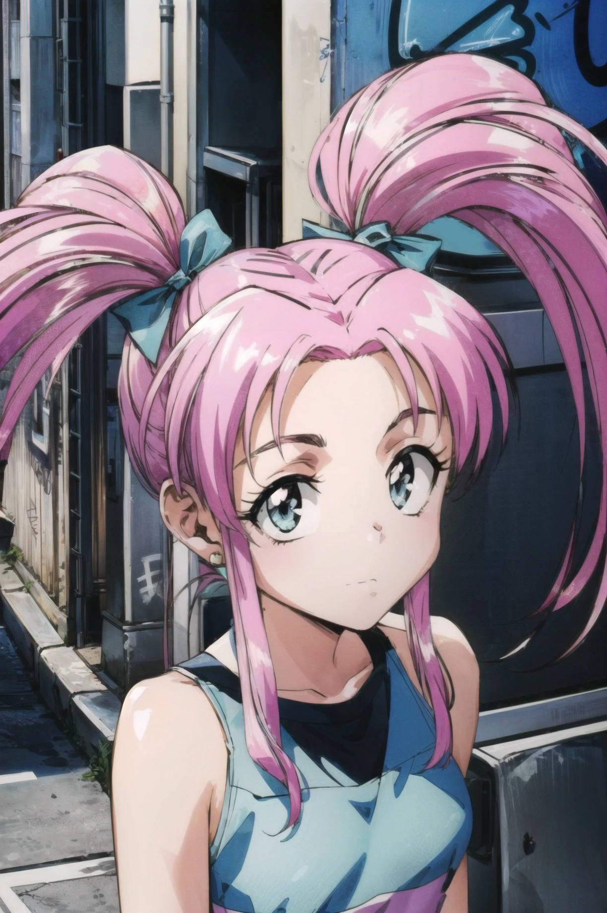 masterpiece, best quality, 1girl, looking at viewer, ultra detailed, <lora:add_detail:0.5>, urban graffiti, vibrant street art, creative expression, colorful, <lora:lirika_FW:0.9> ,long hair, twintails, pink hair