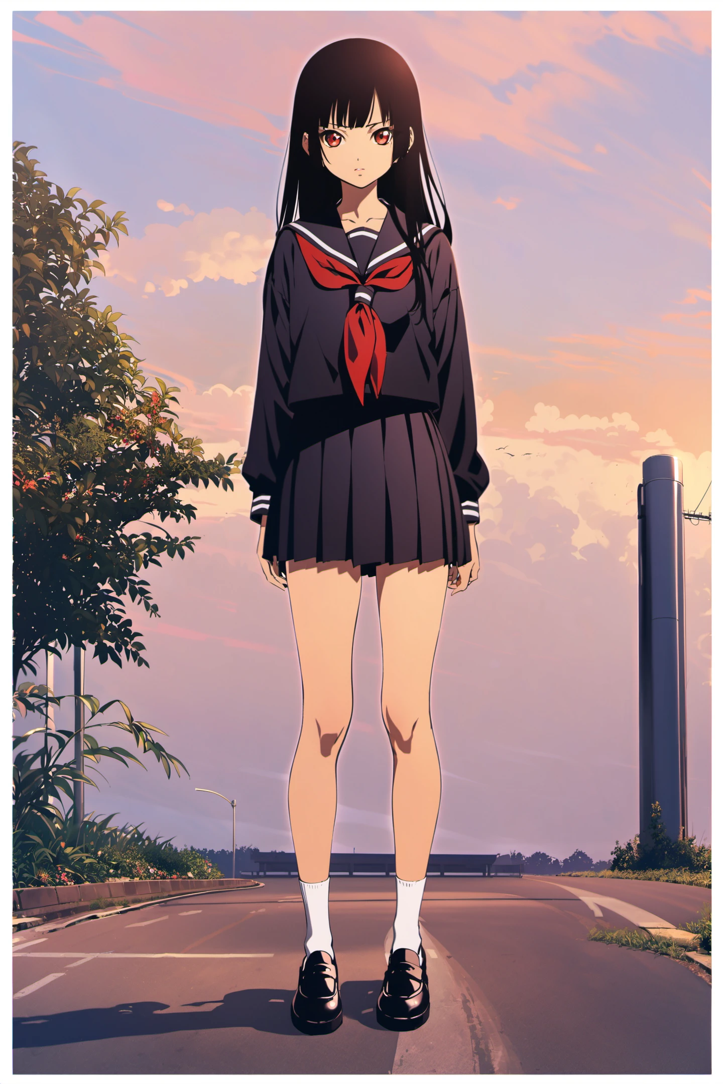 Enma Ai, 1girl, school uniform, solo, skirt, black hair, red eyes, serafuku, long hair, black serafuku, red neckerchief, socks, white socks, neckerchief, pleated skirt, black skirt, shoes, full body, looking at viewer, standing, long sleeves, sailor collar, loafers, bangs, outdoors, black footwear, shirt, black sailor collar, collarbone, closed mouth, black shirt, arms at sides, <lora:JigokuShoujo_XL:0.8>