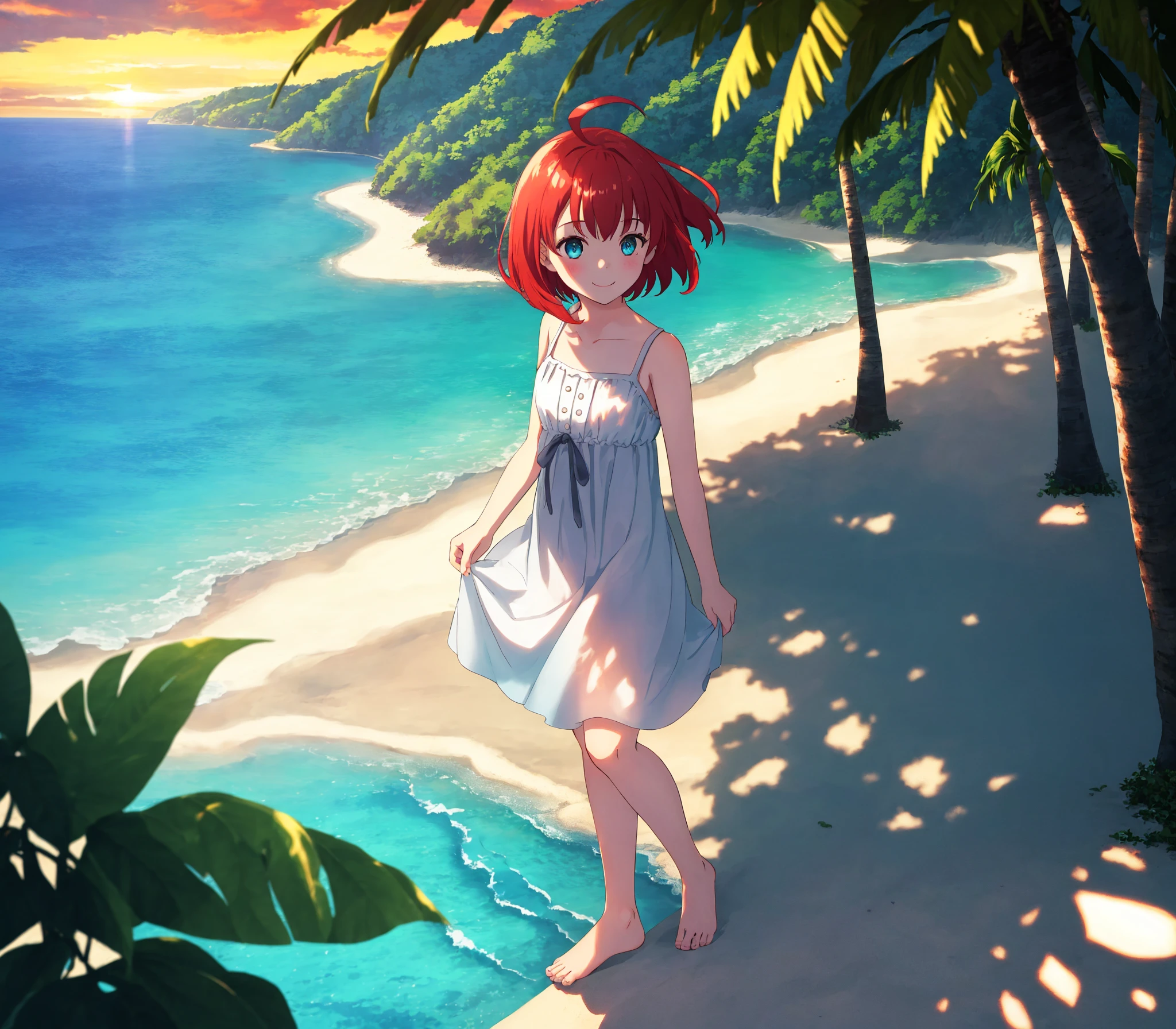 from above,1girl, solo, full body, smile, (red hair), ahoge, short hair, white short sundress, Bare feet, outdoors, (sea), (beach), (horizon), (sunset), (the breeze blew), coconut tree, (twilight), (dim:1.15), beautiful landscape, (reality ray tracing), (intense shadows), (dappled sunlight), strong rim light, cinematic angle