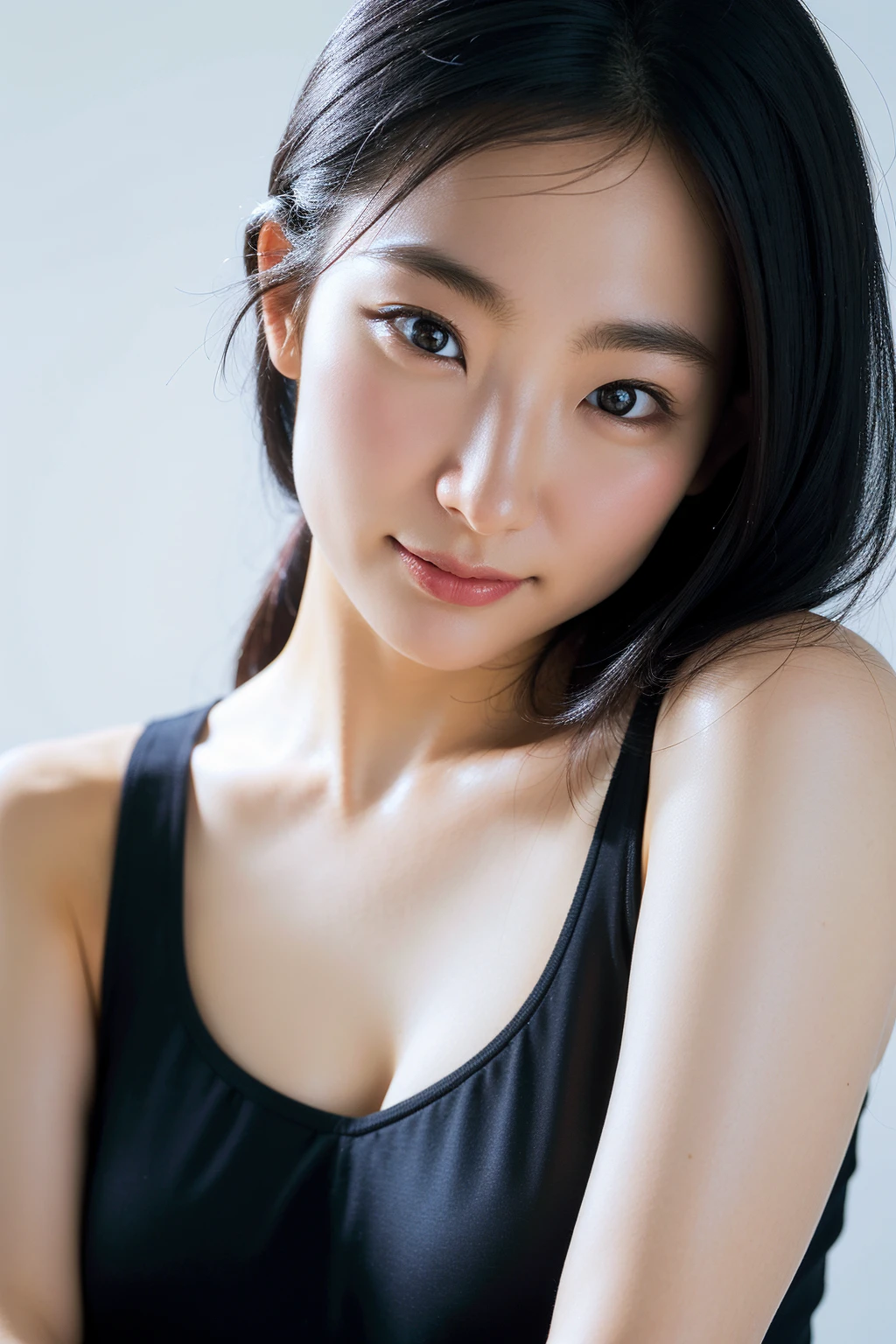 Best quality, masterpiece, ultra high res, (photorealistic:1.4), raw photo,1girl, solo, realistic, looking at viewer, parted lips,simple background, upper body, black dress, <lora:makina69_saotomeyu_v1.0:1>, (grin:0.5)