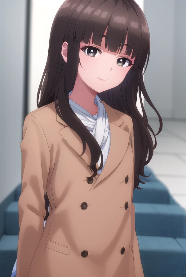 shihokofujimiya, <lora:shihoko fujimiya s1-lora-nochekaiser:1>,
shihoko fujimiya, long hair, bangs, black hair, (brown eyes:1.5), blunt bangs, wavy hair, smile,
BREAK shirt, jacket, white shirt, coat, brown jacket,
BREAK indoors,
BREAK looking at viewer, (cowboy shot:1.5),
BREAK <lyco:GoodHands-beta2:1>, (masterpiece:1.2), best quality, high resolution, unity 8k wallpaper, (illustration:0.8), (beautiful detailed eyes:1.6), extremely detailed face, perfect lighting, extremely detailed CG, (perfect hands, perfect anatomy),