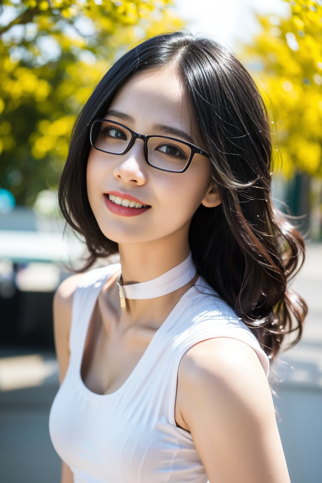 <lora:thaohuyen_v01:0.8>,glasses ,
(8k, RAW photo, best quality, masterpiece:1.2), (realistic, photo-realistic:1.37), omertosa,1girl, blurry background,city, rain,wet,professional lighting, photon mapping, radiosity, physically-based rendering, backlight bokeh, blurry background,smile, mature,((black choker)), red lips, student ,((lights shinning on the face)),
head portrait
,
sunlight, ((outdoors)) ,((light shinning on the hair)),
school uniform,short t-shirt,
((bob haircut)), ((floating hair)), blonde,wavy hair, glowing hair,
135mm lens,,big breast