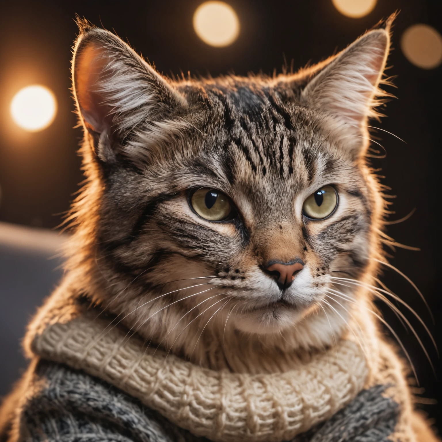 Closeup of an cat furry female wearing a wool sweater, high quality photography, 3 point lighting, flash with softbox, 4k, Canon EOS R3, hdr, smooth, sharp focus, high resolution, award winning photo, 80mm, f2.8, bokeh