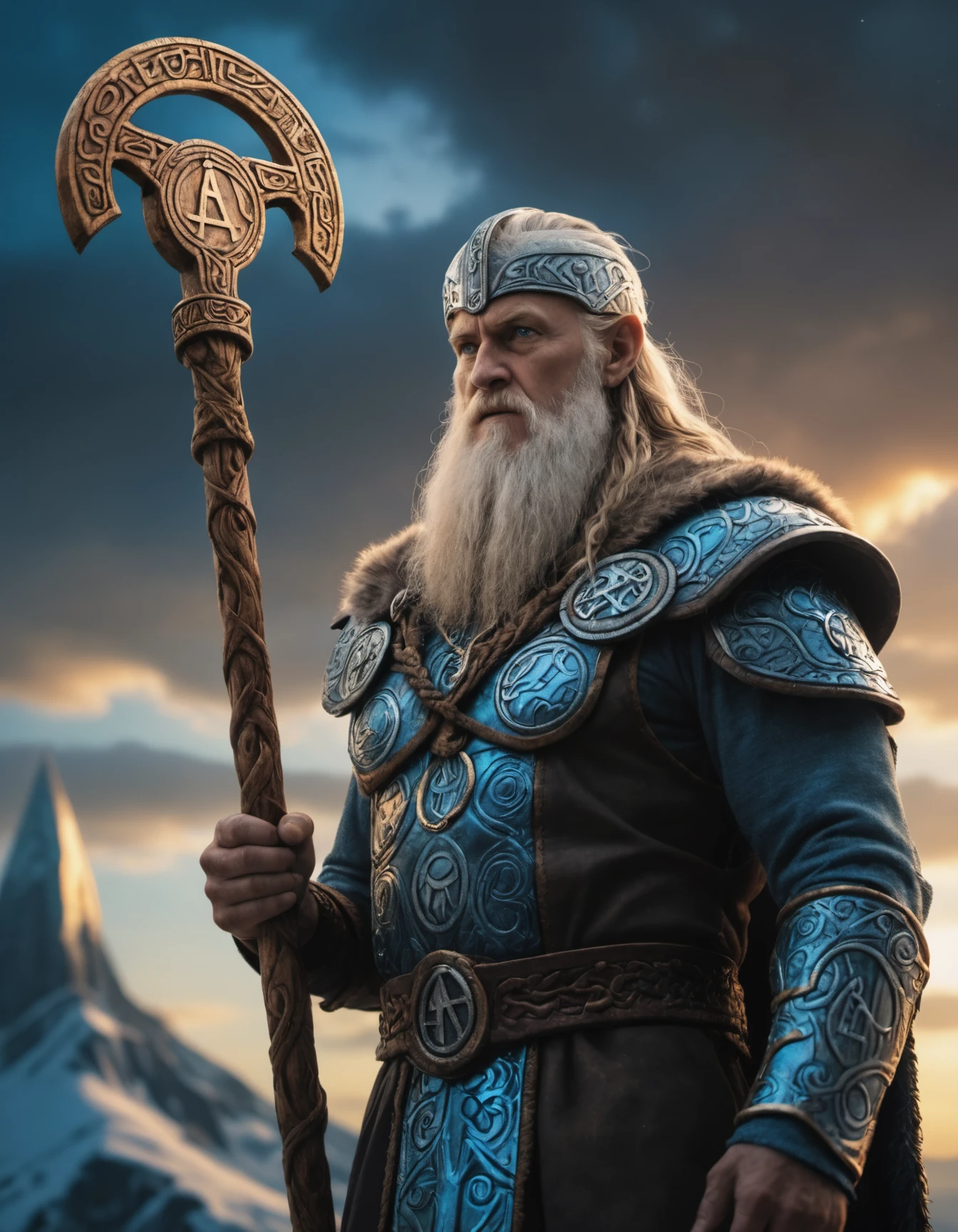 artwork closeup of odin standing in asgard, epic light ,and fantasy sky, nordic runes, high quality photography, 3 point lighting, flash with softbox, 4k, Canon EOS R3, hdr, smooth, sharp focus, high resolution, award winning photo, 80mm, f2.8, bokeh