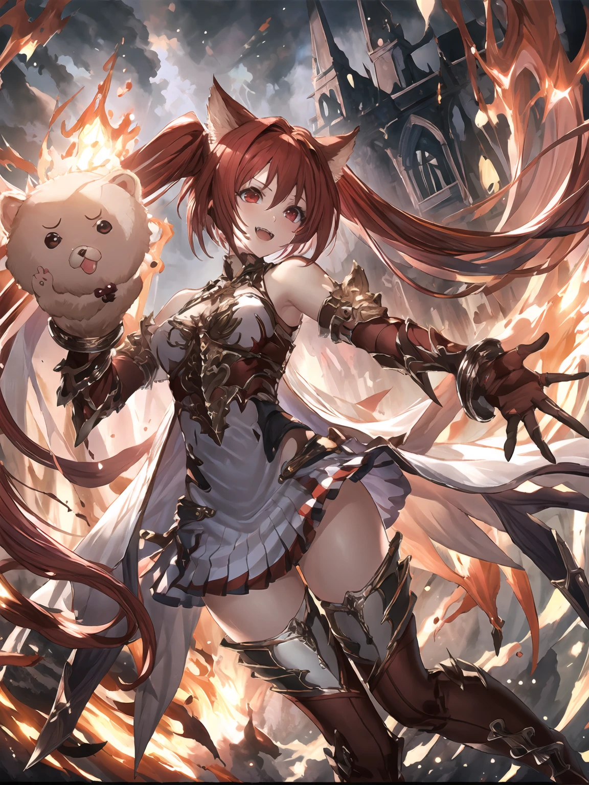 masterpiece,best quality,highres,cinematic lighting,dramatic angle,1girl,<lora:ShadowverseCerberusV9-000020:0.8>,red hair,red eyes,twintails,looking at viewer,animal ears,red skirt,,hand puppet,:d,clothing cutout,gloves,white dress,armor,fire,floating puppet,hand on own hip,spread fingers,outstretched hand, explosion,upraised eyebrows,fangs