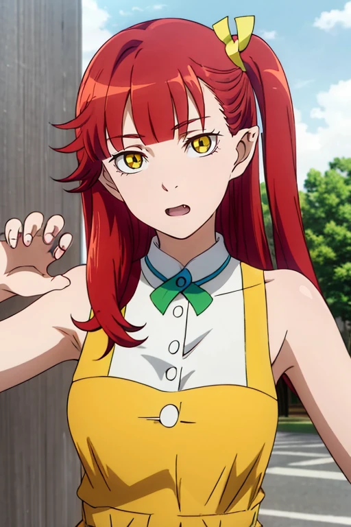 (masterpiece), high quality,beautiful face,detailed eyes,(detailed background:1.3), 1girl, solo,
<lora:bemlla_e12:0.8> bemlla, sleeveless dress,yellow dress,green ribbon, side ponytail,
close-up,outdoors,surprised,(claw pose:1.2),looking at viewer, portrait,fang,hand on own face,facing viewer, pov,(slit pupils),, masterpiece, extremely detailed,anime, perfect lighting,1girl, solo,