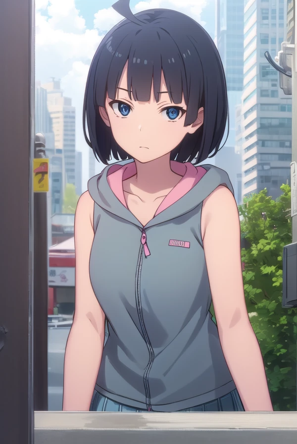 toukakishi, <lora:touka kishi hnu-lora-nochekaiser:1>,
touka kishi, short hair, black hair, bob cut, bangs, blunt bangs, (black eyes:1.3), ahoge,
BREAK skirt, hood, hoodie, sleeveless, hood down, sleeveless hoodie,
BREAK outdoors, city, sun, clouds,
BREAK looking at viewer, (cowboy shot:1.5),
BREAK <lyco:GoodHands-beta2:1>, (masterpiece:1.2), best quality, high resolution, unity 8k wallpaper, (illustration:0.8), (beautiful detailed eyes:1.6), extremely detailed face, perfect lighting, extremely detailed CG, (perfect hands, perfect anatomy),