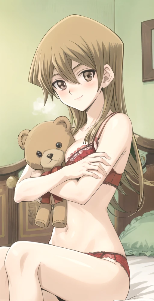 AR, 1girl, solo, portrait, looking at viewer, smile, sitting on bed, blushing, red lace bra, red panties, holding (teddy bear) in arms, perfect quality, good quality, masterpiece, HDR, UHD <lora:Alexis Rhodes-000003:0.7>
