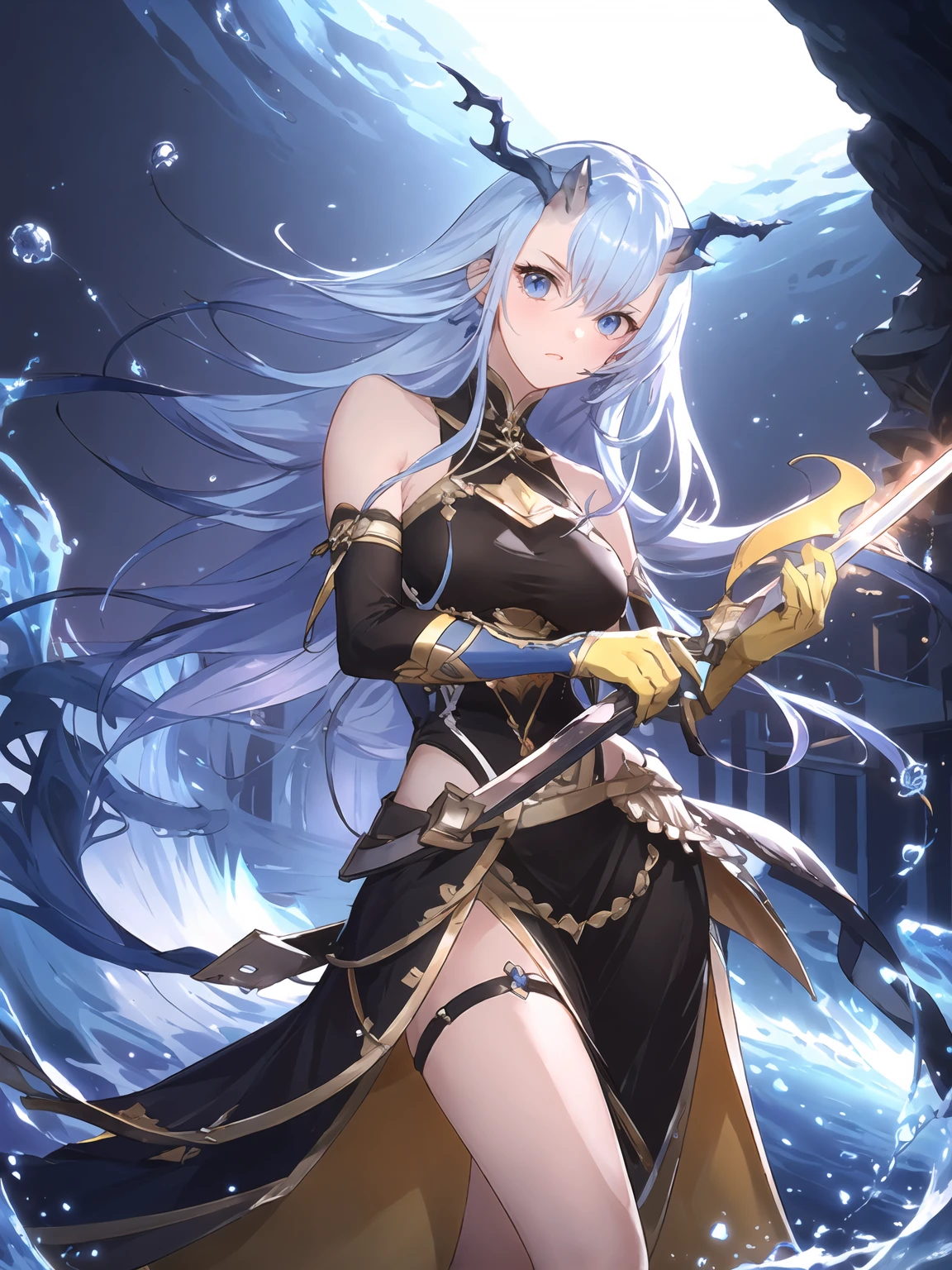 masterpiece,best quality,highres,cinematic lighting,dramatic angle,1girl,light blue hair,horns,broken horn,blue eyes,single wing,black dress,bare  shoulders,gauntlets,yellow gloves,water,looking at viewer,scales,long hair,<lora:ShadowverseMizuchiDivivedV1-000012:0.8:lbw=forte>,tail,skirt,thigh strap,clothing cutout,serious,holding sword,figthing stance,fence,dynamic angle,action pose,dynamic pose