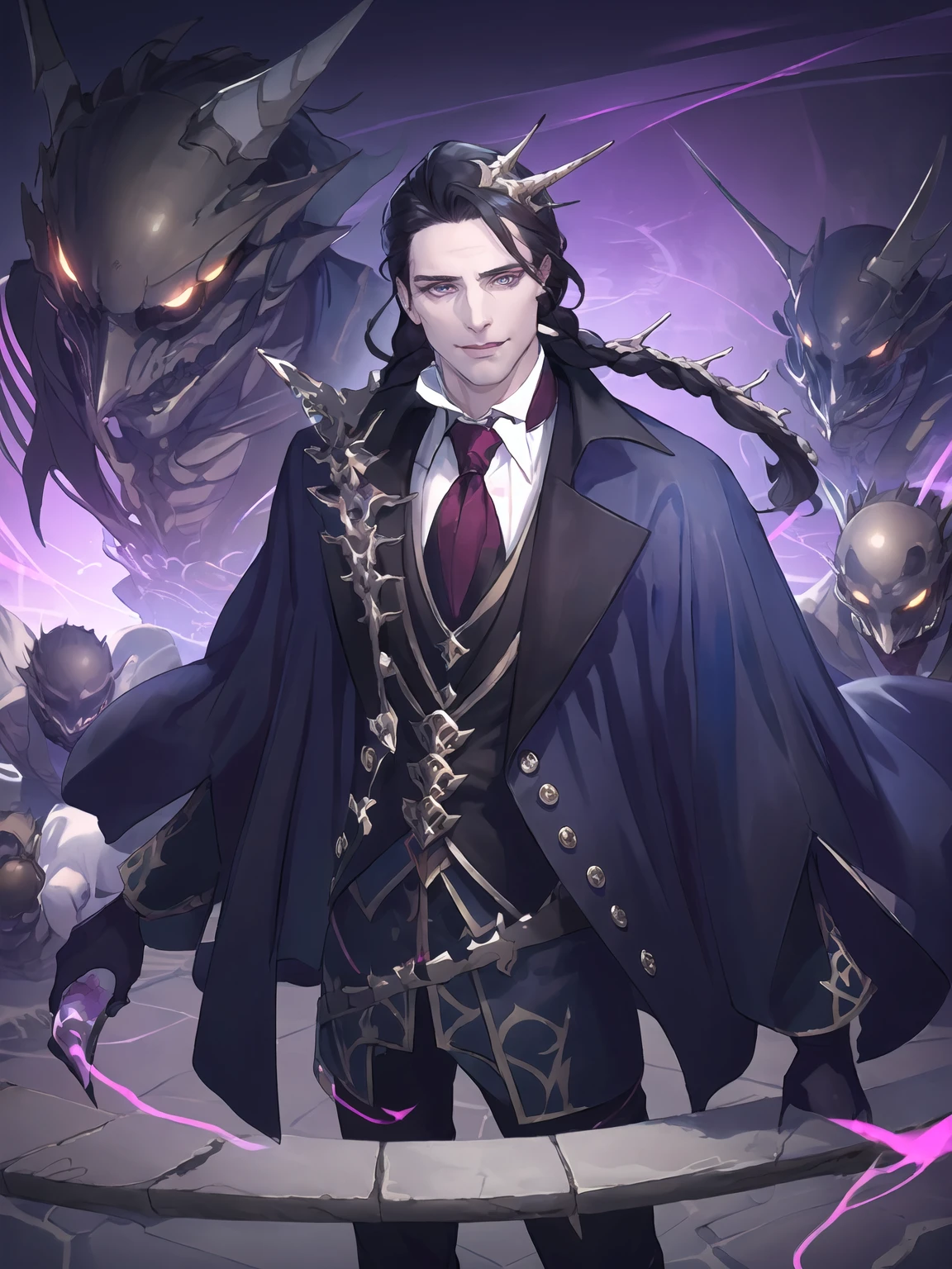 masterpiece,best quality,highres,cinematic lighting,dramatic angle,multiple boys,<lora:ShadowverseCorneliusV1-000025:0.8>,black hair,hair ornament,purple eyes,single white braid,bone,necktie,white shirt,black suit,capelet,horn,mature male,evil smile,shaded face,glowing eyes,looking at viewer,holding cane,standing,close-up,portrait,minions,necromancer,(from below:1.2),magic circle,depth of field