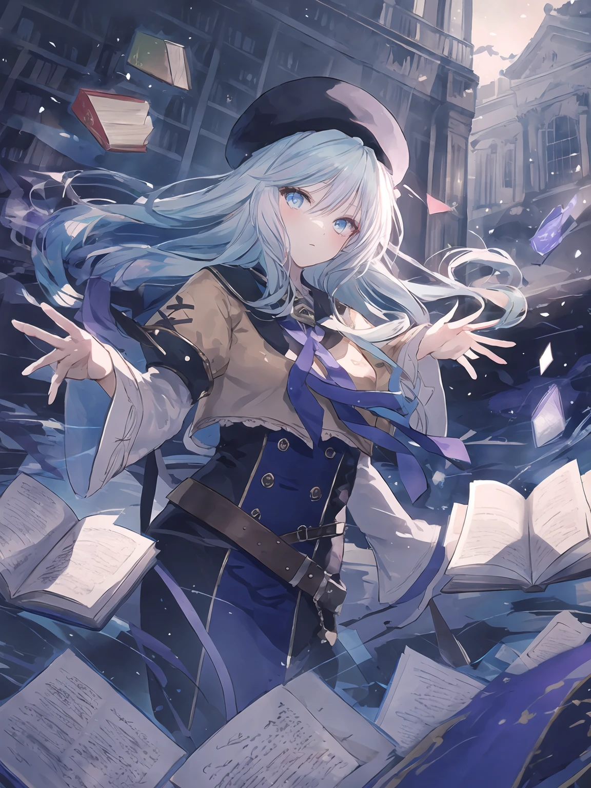 masterpiece,best quality,highres,cinematic lighting,dramatic angle,1girl,<lora:ShadowverseAmaryllisV1:0.8>,light blue hair,blue eyes, brown shirt,black and purple dress,white sleeves,ribbon,hat,looking at viewer,bow,belt,sailor collar,holding book,outstretched hand, spread fingers,casting spell,dark magic,floating books