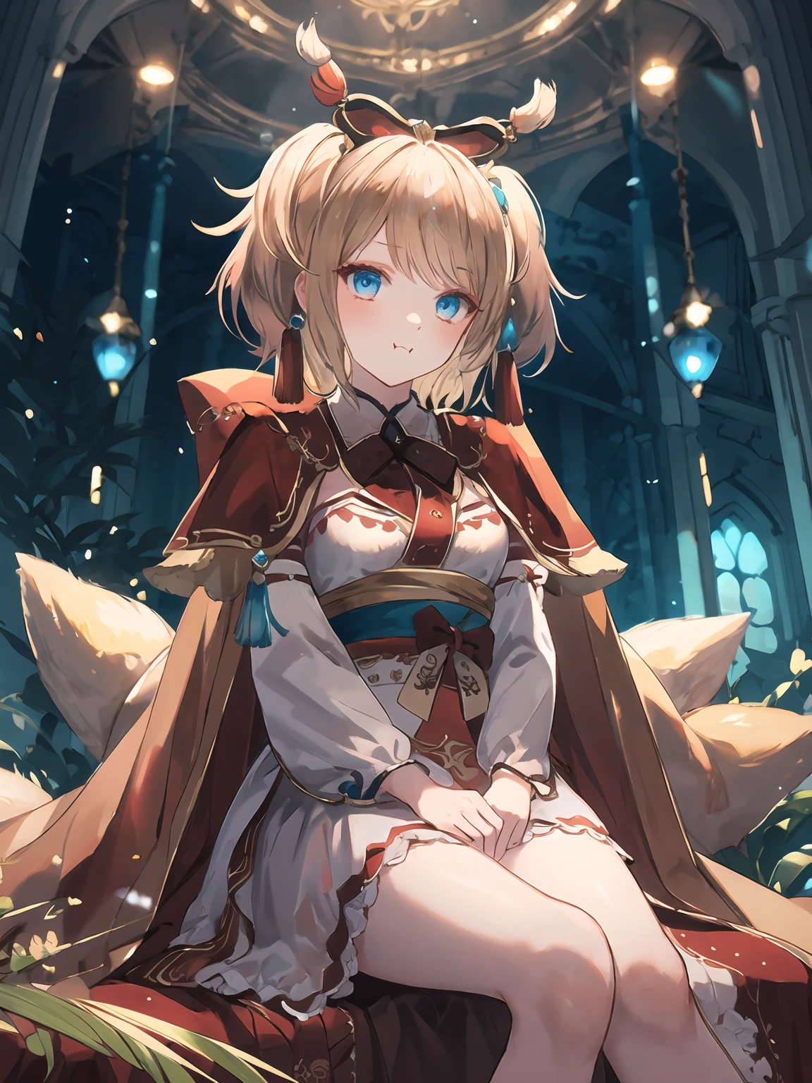 masterpiece,best quality,highres,cinematic lighting,dramatic angle,<lora:ResplendentPhoenixV1:0.8:lbw=jiangshi3>,1girl,light blonde hair,blue eyes,twintails,short hair,capelet,hair ornament,bowtie,tassel,jewelry,ribbon,white and red dress,frills,sash,detached sleeves,arms crossed,crossed arms,sitting,legs crossed,pout,<lora:强å åå´Concept_Pout:0.7>,looking at viewer,blush,shy,happy