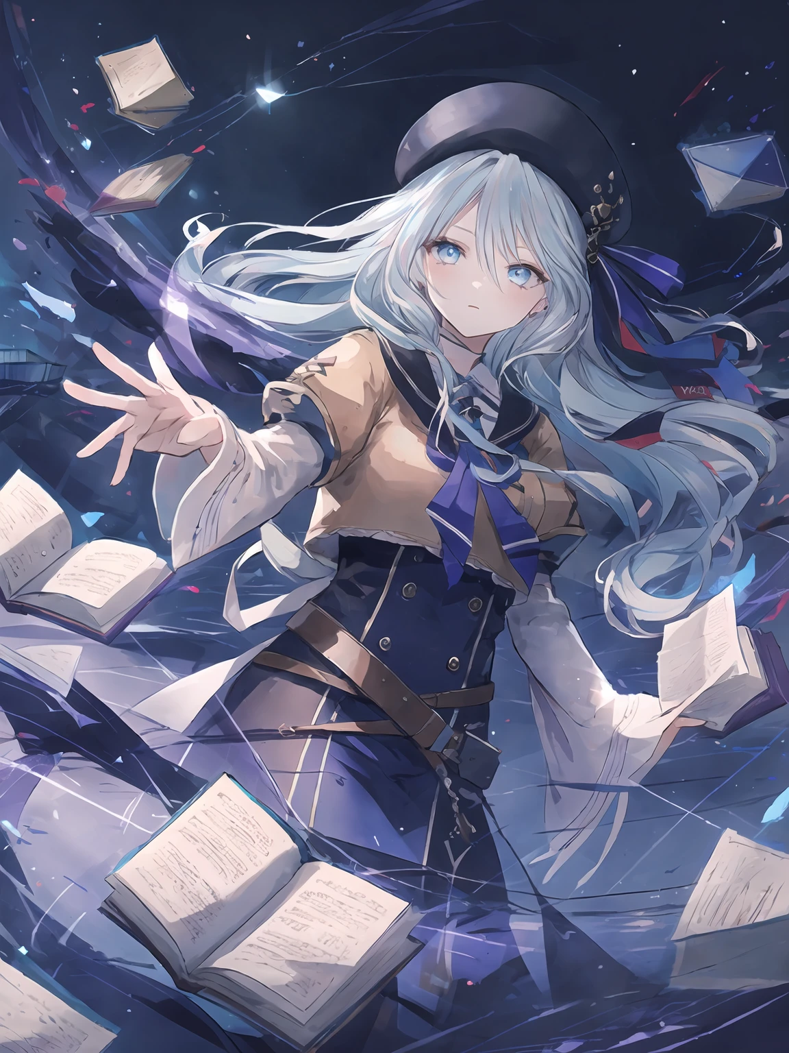 masterpiece,best quality,highres,cinematic lighting,dramatic angle,1girl,<lora:ShadowverseAmaryllisV1:0.8>,light blue hair,blue eyes, brown shirt,black and purple dress,white sleeves,ribbon,hat,looking at viewer,bow,belt,sailor collar,holding book,outstretched hand, spread fingers,casting spell,dark magic,floating books