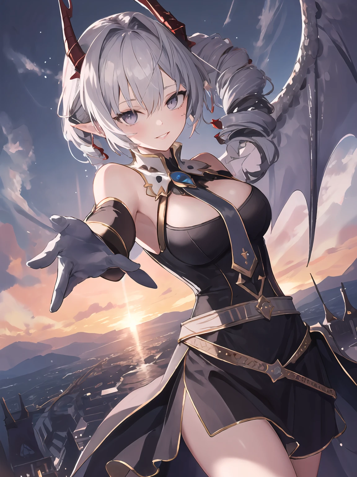 masterpiece,best quality,highres,cinematic lighting,dramatic angle,1girl,<lora:ShadowverseArgenteV2-000024:0.8:lbw=silong>,silver hair,twin drills,single wing,grey eyes,looking at viewer,black dress,cleavage,scales,spikes,gloves,parted lips,horns,belt,single pauldron,asymmetrical clothes,necktie,single side bare shoulder,(holding hands,pov:1.1),smile,blue sky,in the air,clouds,sunshine,outstretched arm, reaching out