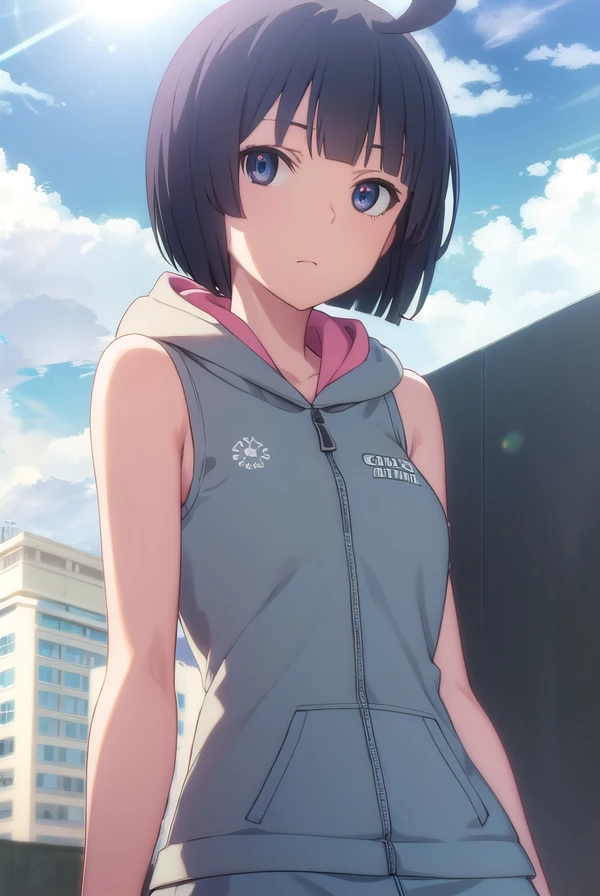 toukakishi, <lora:touka kishi hnu-lora-nochekaiser:1>,
touka kishi, short hair, black hair, bob cut, bangs, blunt bangs, (black eyes:1.3), ahoge,
BREAK skirt, hood, hoodie, sleeveless, hood down, sleeveless hoodie,
BREAK outdoors, city, sun, clouds,
BREAK looking at viewer, (cowboy shot:1.5),
BREAK <lyco:GoodHands-beta2:1>, (masterpiece:1.2), best quality, high resolution, unity 8k wallpaper, (illustration:0.8), (beautiful detailed eyes:1.6), extremely detailed face, perfect lighting, extremely detailed CG, (perfect hands, perfect anatomy),