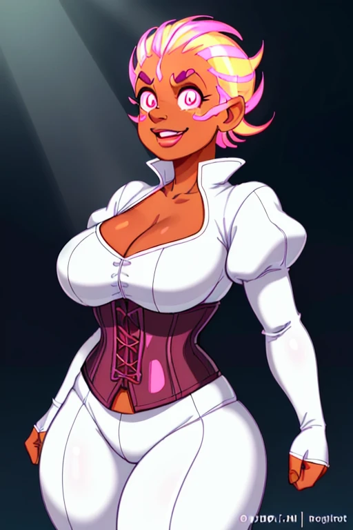 A mature fat Barbadian woman, chiseled facial features with tanned skin, warm pink eyes with thick eyebrows, a full nose and defined cheekbones, full lips and weak jawline, with glowing pupils and ecstatic expression, wearing open white corset outfit, depth of field, god rays, vivid colors, cinematic hard lighting, smooth shadows