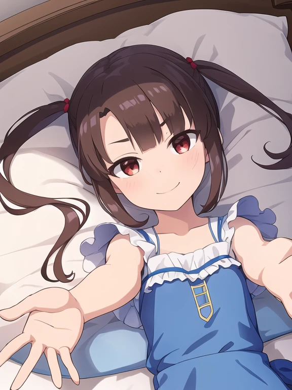 best quality, (masterpiece:1.2), highly detailed, (masterpiece), (illustration),
lying, on bed, on back, (face focus:1.2), face, upper body, from above,
(outstretched hands:1.3),
nuke apron, sleeveless, frills, collarbone,
1girl, solo, red eyes, twintails, brown hair, bangs, sparkle, eyebrows visible through hair, flat chest,
shy, blush, (looking at viewer), smile,
<lora:Tsumugi:0.7>