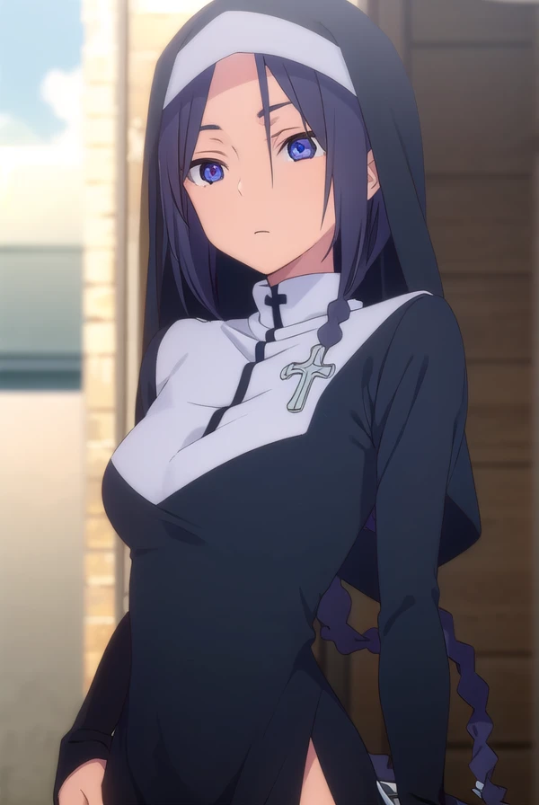 yaeshinatsuhiko, <lora:yae shinatsuhiko hnu-lora-nochekaiser:1>,
yae shinatsuhiko, long hair, (purple eyes:1.1), braid, black hair,
BREAK thighhighs, striped, cross, striped thighhighs, nun, habit, long sleeves, dress, jewelry, boots, necklace, side slit,
BREAK outdoors, city, sun, clouds,
BREAK looking at viewer, (cowboy shot:1.5),
BREAK <lyco:GoodHands-beta2:1>, (masterpiece:1.2), best quality, high resolution, unity 8k wallpaper, (illustration:0.8), (beautiful detailed eyes:1.6), extremely detailed face, perfect lighting, extremely detailed CG, (perfect hands, perfect anatomy),
