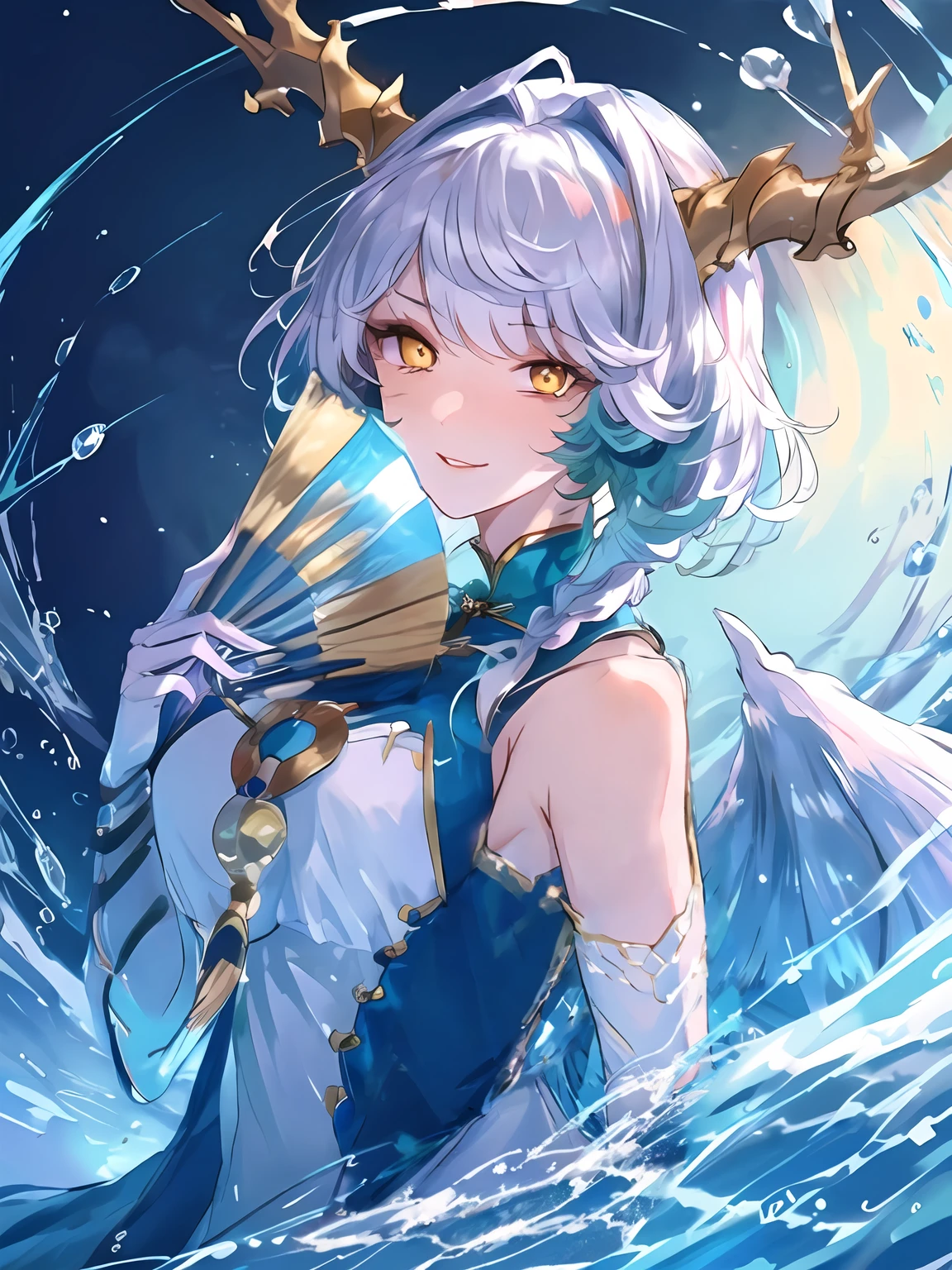 masterpiece,best quality,highres,cinematic lighting,dramatic angle,1girl,horns,white hair,gradient hair,braids,yellow eyes,symbol-shaped pupils, glowing eyes,white dress,bare shoulders,<lora:ShadowverseSilongDividedV11-000030:0.9:lbw=forte>,elbow gloves,scales,tassel,jewelry,shaded face,wings,tail,parted lips,evil smile,water,(fan,holding opened fan,shanzi:1.2),magic