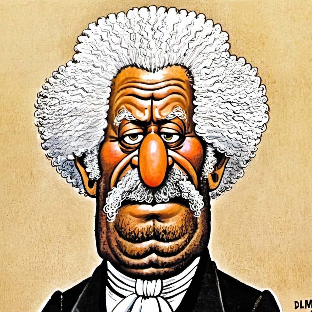 cartoon of Frederick Douglass (American social reformer, abolitionist) , in (donmartin style:1.2), caricature, amused facial expression,( caricature:0.4), HQ, high resolution, crisp lines, detailed eyes and lips, by don martin <lora:DonMartin_StyleXLv6.6:0.85> <lora:add-detail-xl:0.04> <lora:xl_more_art-full_v1:0.05>