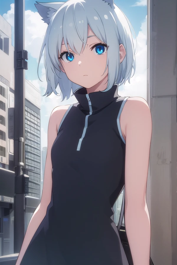aonanami, <lora:ao nanami hnu-lora-nochekaiser:1>,
ao nanami, short hair, animal ears, cat ears, blue eyes,
BREAK dress, boots, sleeveless, knee boots, (black dress:1.2),
BREAK outdoors, city, sun, clouds,
BREAK looking at viewer, (cowboy shot:1.5),
BREAK <lyco:GoodHands-beta2:1>, (masterpiece:1.2), best quality, high resolution, unity 8k wallpaper, (illustration:0.8), (beautiful detailed eyes:1.6), extremely detailed face, perfect lighting, extremely detailed CG, (perfect hands, perfect anatomy),