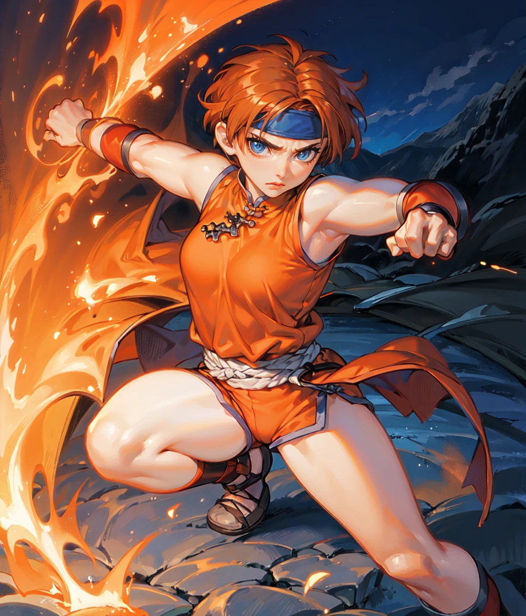 masterpiece, high res, detailed face, detailed eyes, 1 girl, (((punching the viewer, lingning bolts, thunderbolts))) fit, muscular, tomboy, angry, short hair, orange hair, forehead, headband, blue eyes eyes, ((chinese clothes, orange shirt)), bare shoulders, bare arms, wristbands, (blue shorts), full body, , kung-fu. martial artist,((mountains, outdoors)), seen from above <lora:Emily2:1>