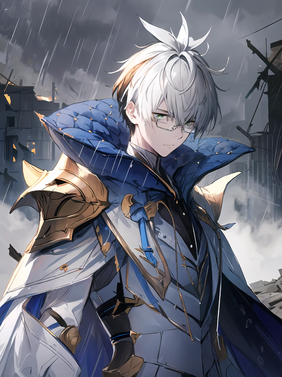 masterpiece,best quality,highres,cinematic lighting,dramatic angle,1boy,<lora:ShadowverseWilbertV6-000020:0.8:lbw=jiangshi3>,white hair,two-tone hair,black hair,glasses,green eyes,white suit,armor,ribbon,cape,in ruins,collapsed buildings,portrait,(monochrome:1.1),rain,raindrop,heavy rain,fog,head down,expressionless,sad,<lora:flat2:-0.25>,<lora:add_detail:0.25> ,close-up,glowing eyes