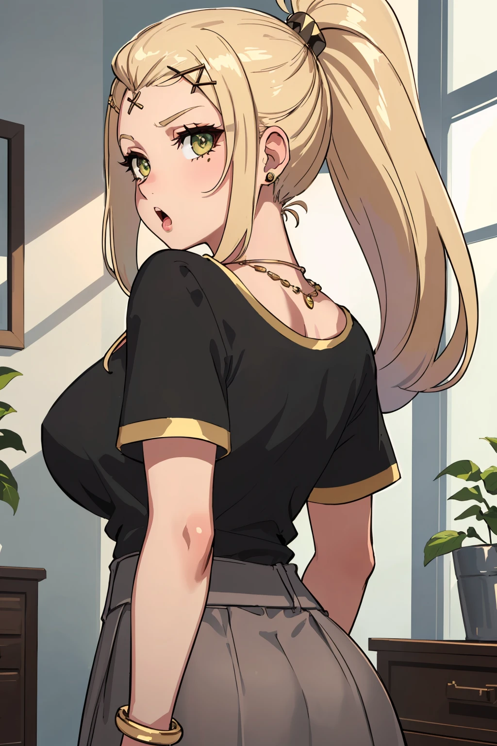 (masterpiece,best quality,high resolution,Beautiful detailed eyes),((blue jeans)),white ((bra)),standing,shy posture,barefeet,navel,bathroom,looking at viewer,((full body)),((((((big pee stain)))))),blush,worried,mouth open,cynthia \(pokemon\),hair over one eye,hair ornament