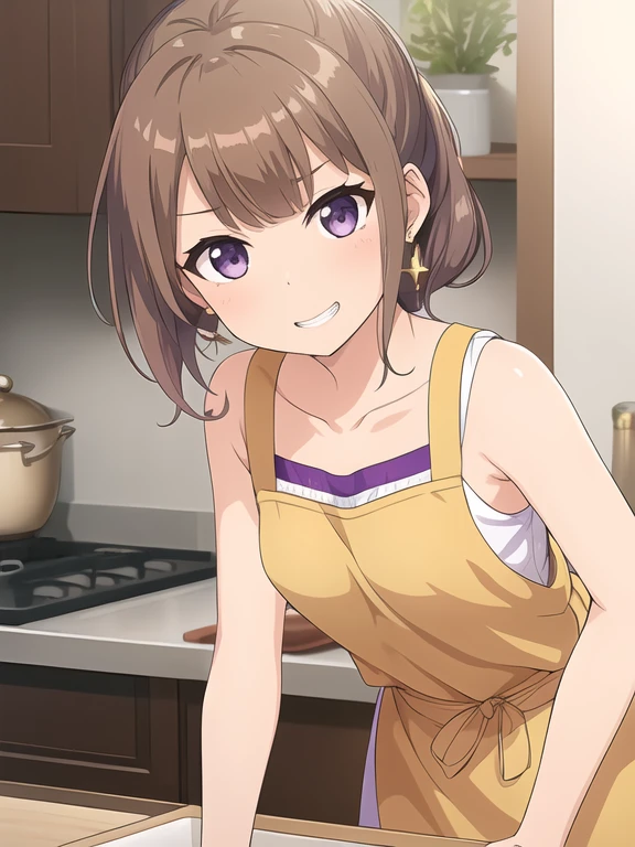 best quality, (masterpiece:1.2), highly detailed, (masterpiece), (illustration),
kitchen, indoor,
standing, face focus, face, upper body, bent over,
nuke apron, collarbone, small breasts, sleeveless,
1girl, solo, brown hair, purple eyes, jewelry, earrings, breasts, bangs, medium breasts, sparkle, eyebrows visible through hair, glint, lens flare
shy, blush, (looking at viewer), grin,
<lora:Ayaka:0.7>