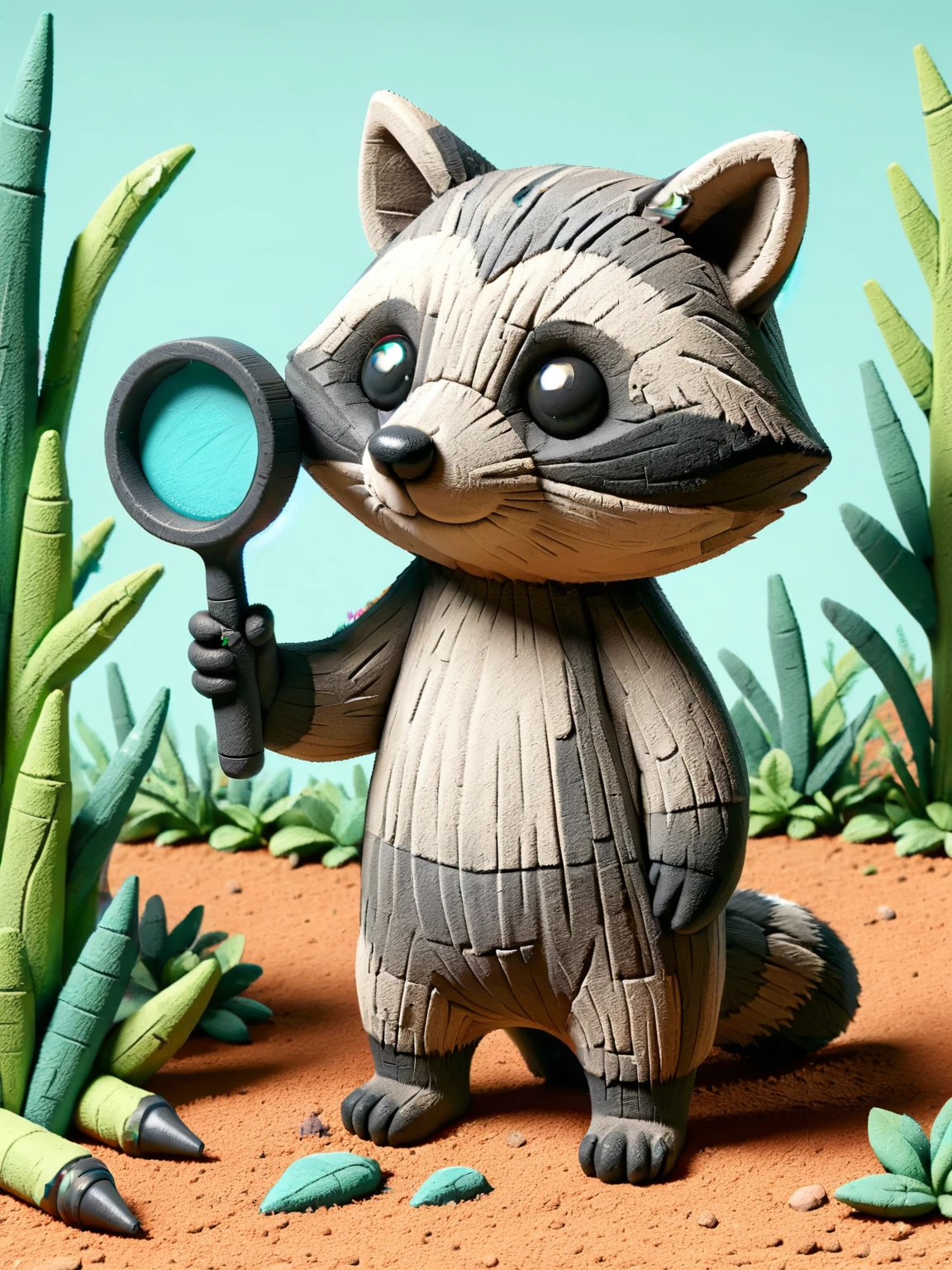 A curious ais-crayz raccoon,with a magnifying glass,exploring the garden <lora:Kids_Crayon_Style_SDXL:1>