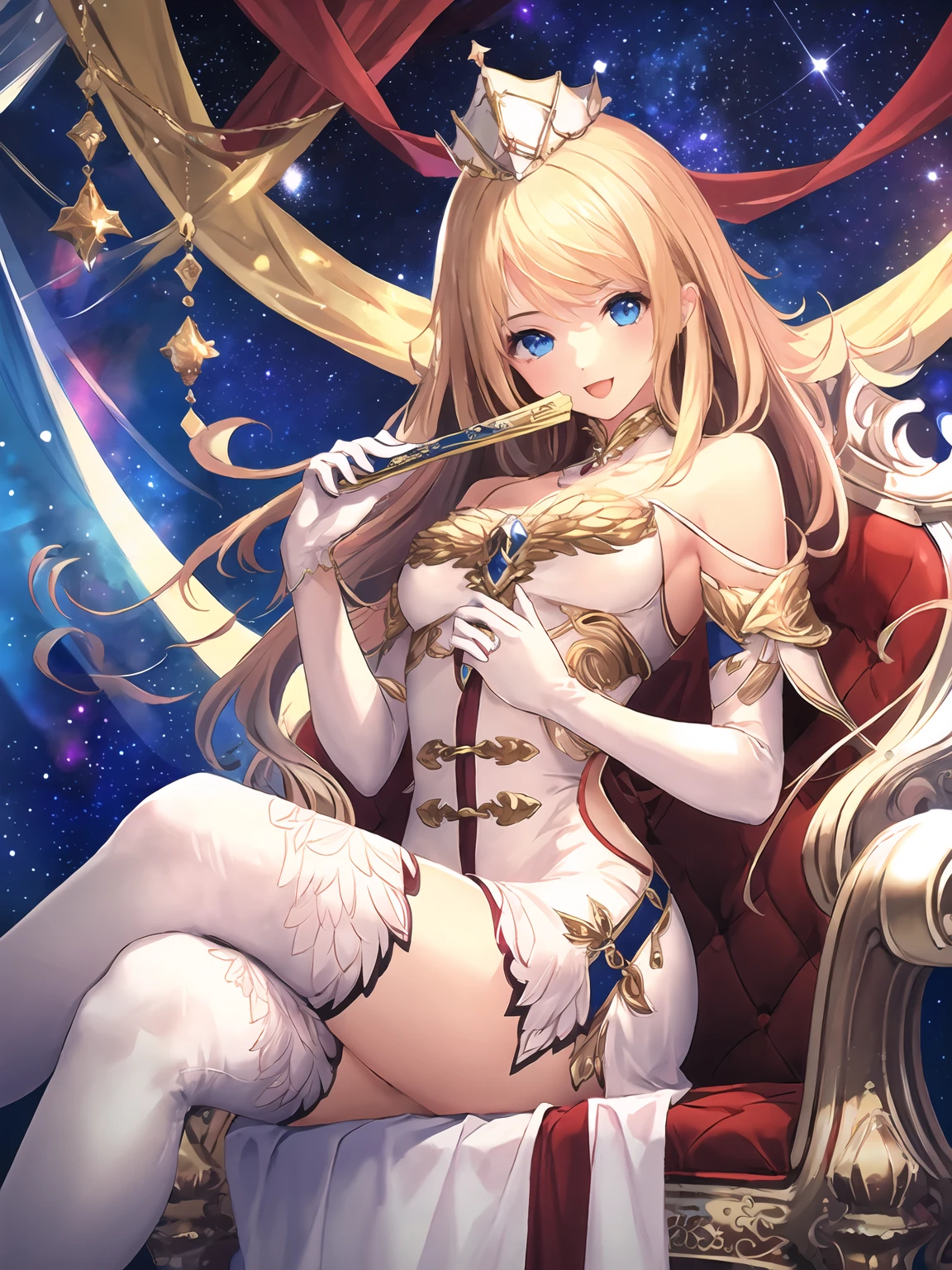 masterpiece,best quality,highres,cinematic lighting,dramatic angle,1girl,<lora:ShadowverseCassiopeiaV1:0.8:lbw=jiangshi3>,blonde hair,blue eyes,crown,hair ornament,white dress,clothing cutout,bare shoulders,elbow gloves,hand fan, folding fan,holding,thighhighs,looking at viewer,:d,seductive pose,navel,sitting,legs crossed,gold trim,galaxy,milky way,star \(sky\), magic,one hand on own chest,one hand on own stomach
