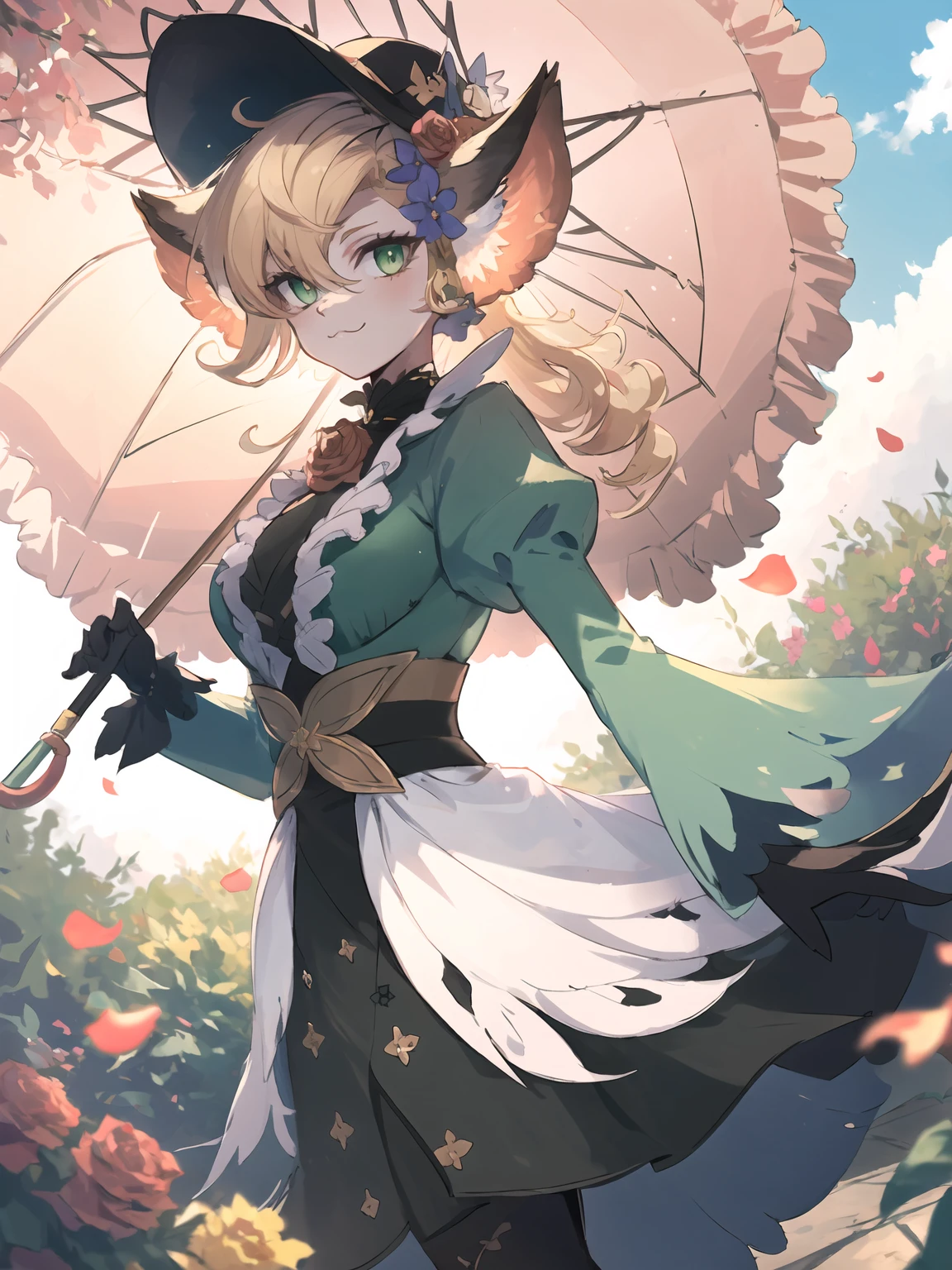 masterpiece,best quality,highres,cinematic lighting,dramatic angle,1girl,<lora:ShadowverseCosmosFangV2:0.8:lbw=jiangshi3>,furry,green dress,long dress,puffy sleeves,black legwear,blonde hair,looking at viewer,hat,feathers,hair flower,green eyes,smile,:3,cross-laced clothes,black shirt,clothing cutout,pink shoes,holding umbrella,juliet gloves,rose on chest,garden,petals,sunny,blue sky,whiet clouds,depth of field,alternative1,animal ears,portrait,close-up,bowtie,sunny,from random point of view,butterfly