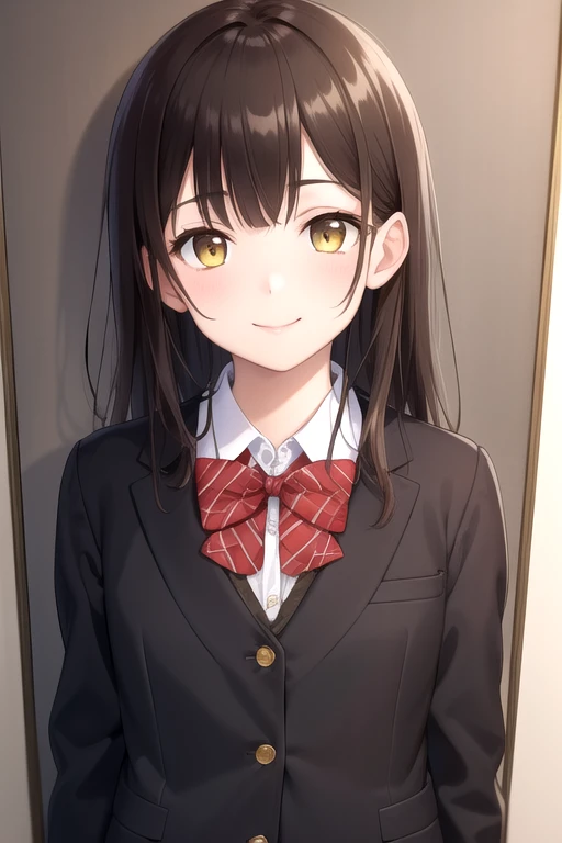 ((masterpiece)),(best quality),official art,extremely detailed CG,unity 8k wallpaper,ultra detailed,beautiful detailed eyes,extremely detailed face,1girl,solo,upper body,(portrait:1.5),looking at viewer,facing viewer,ogiwara sayu,smile,brown hair,long hair,yellow eyes,sidelocks,bangs,school uniform,wing collar,black jacket,blazer,long sleeves,sleeves past wrists,black button,red bowtie,collared shirt,white shirt,grey skirt,pleated skirt,plaid skirt,black socks,loafers,<lora:Ogiwara Sayu(habristhsr)>,