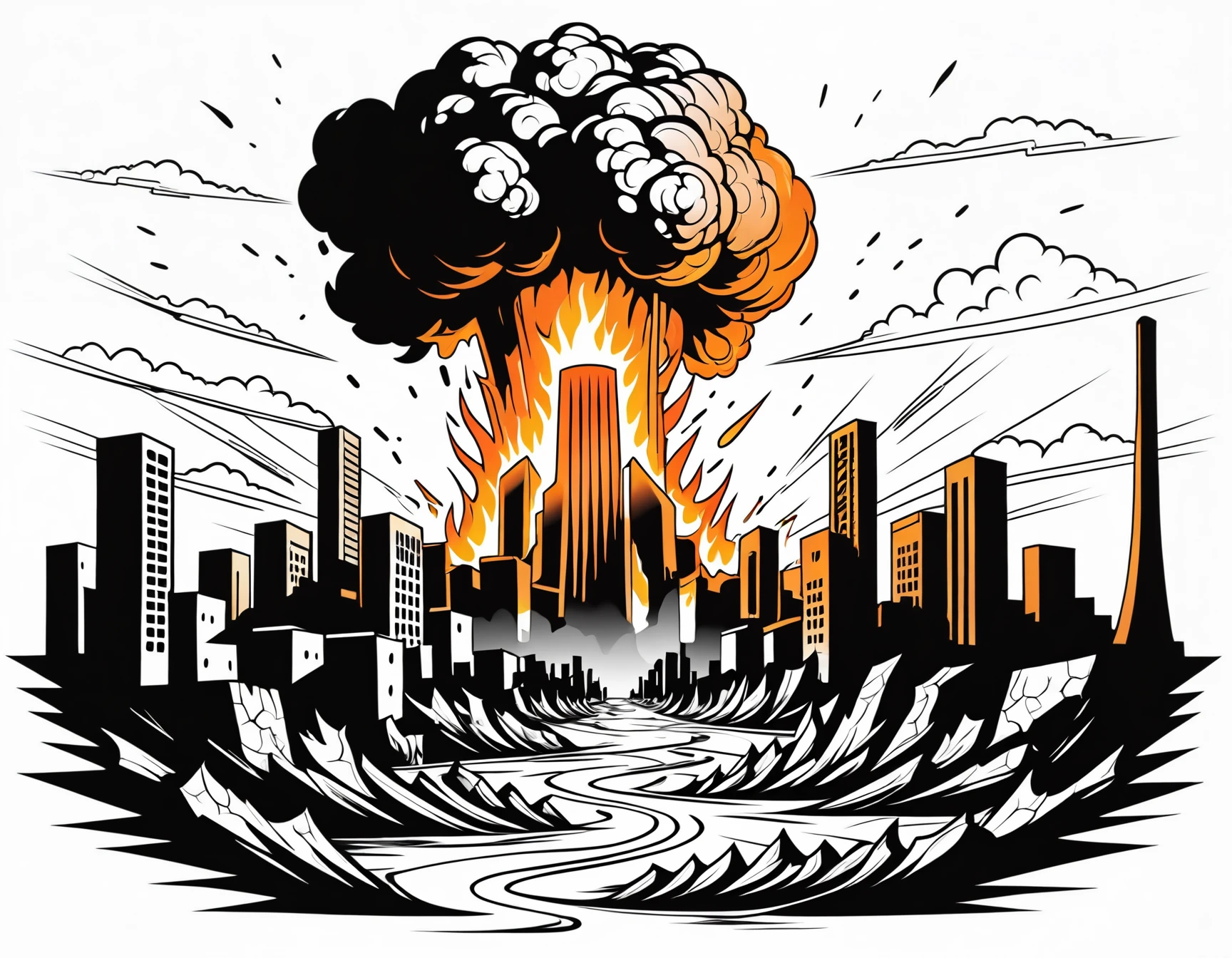 line art drawing Tattoo artwork the end of the world, burning destroyed city after nuclear blast . professional, sleek, modern, minimalist, graphic, line art, vector graphics