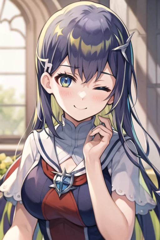 hairpin, badge, asta elaine, school uniform, hair ring, smile, blush, one eye closed, 1girl, solo