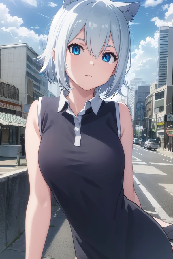 aonanami, <lora:ao nanami hnu-lora-nochekaiser:1>,
ao nanami, short hair, animal ears, cat ears, blue eyes,
BREAK dress, boots, sleeveless, knee boots, (black dress:1.2),
BREAK outdoors, city, sun, clouds,
BREAK looking at viewer, (cowboy shot:1.5),
BREAK <lyco:GoodHands-beta2:1>, (masterpiece:1.2), best quality, high resolution, unity 8k wallpaper, (illustration:0.8), (beautiful detailed eyes:1.6), extremely detailed face, perfect lighting, extremely detailed CG, (perfect hands, perfect anatomy),