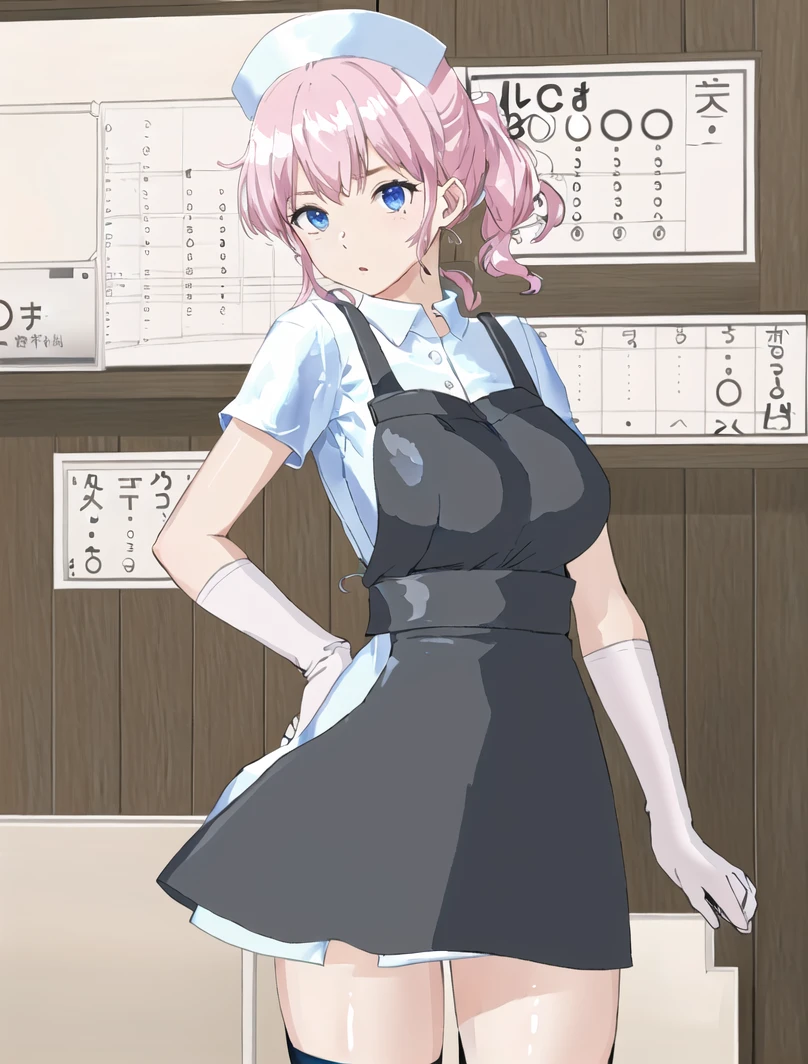 ((masterpiece, best quality, high quality)),1girl, (lower body, hospital), <lora:Latex_nurse_3dg:0.8> (latex_nurse_v2, nurse, nurse cap, apron, gloves,shiny dress),