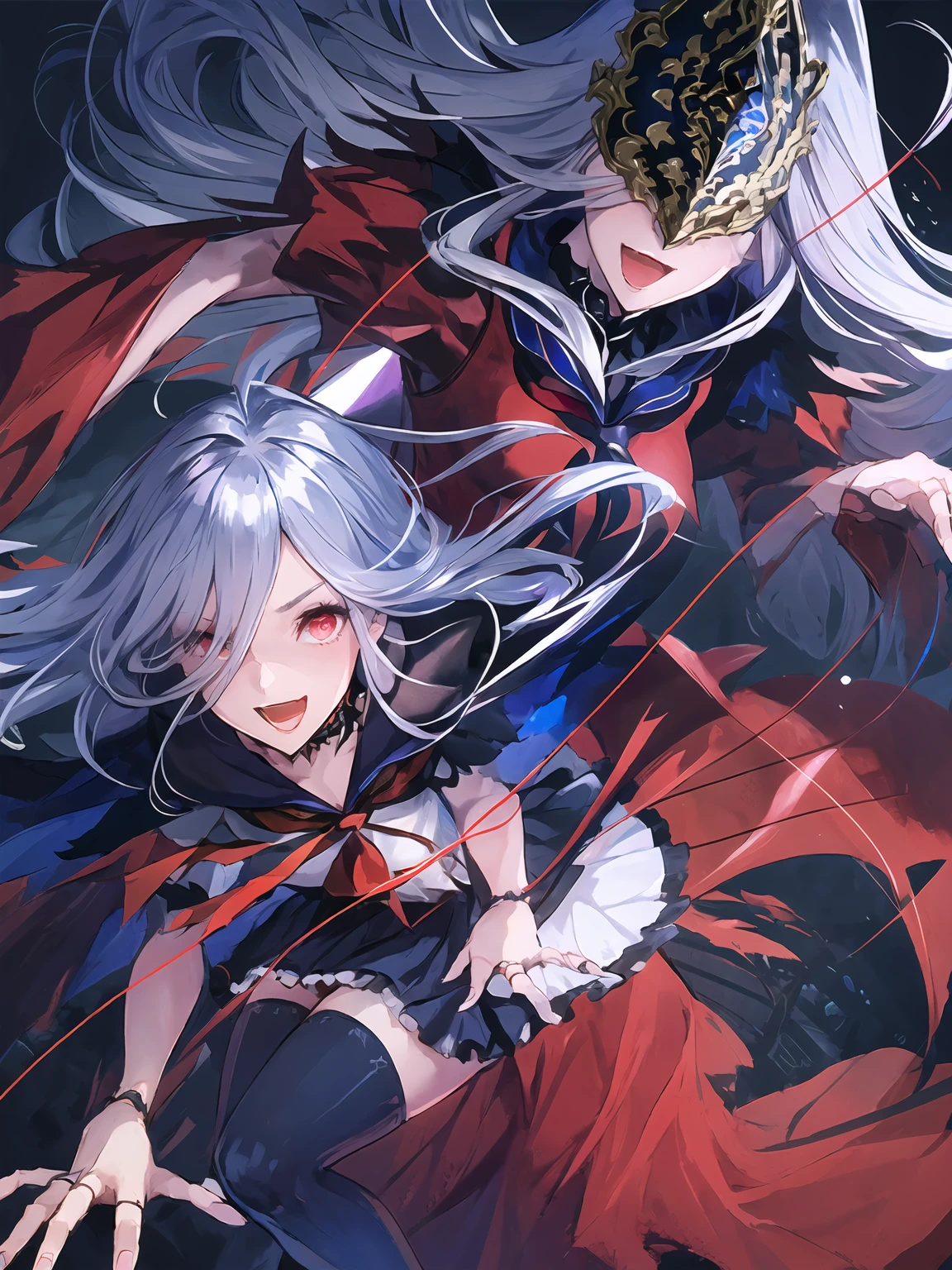 masterpiece,best quality,highres,cinematic lighting,dramatic angle,2girls,<lora:ZweiV3-000030:0.8>,1girl with silver long hair and red eyes and white dress and blue skirt and capelet and sailor collar and thighhighs along with her marionette called Victoria with red dress and mask and covered eyes and claws,1other,1 marionette,:d,empty eyes,shaded face,crazy, yandere,puppet strings,looking at viewer,black background,magic