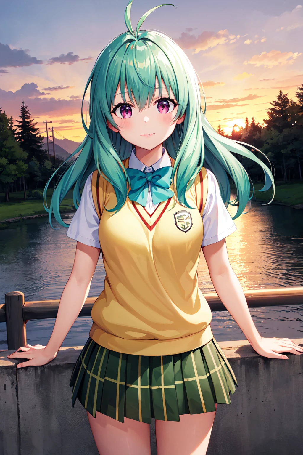 masterpiece, best quality, highres, aarej, solo, long hair, antenna hair, purple eyes, school uniform, green bowtie, white shirt, sweater vest, yellow vest, short sleeves, plaid skirt, green skirt, <lora:run_elsie_jewelria_v1:0.7>, bridge, sunset, standing