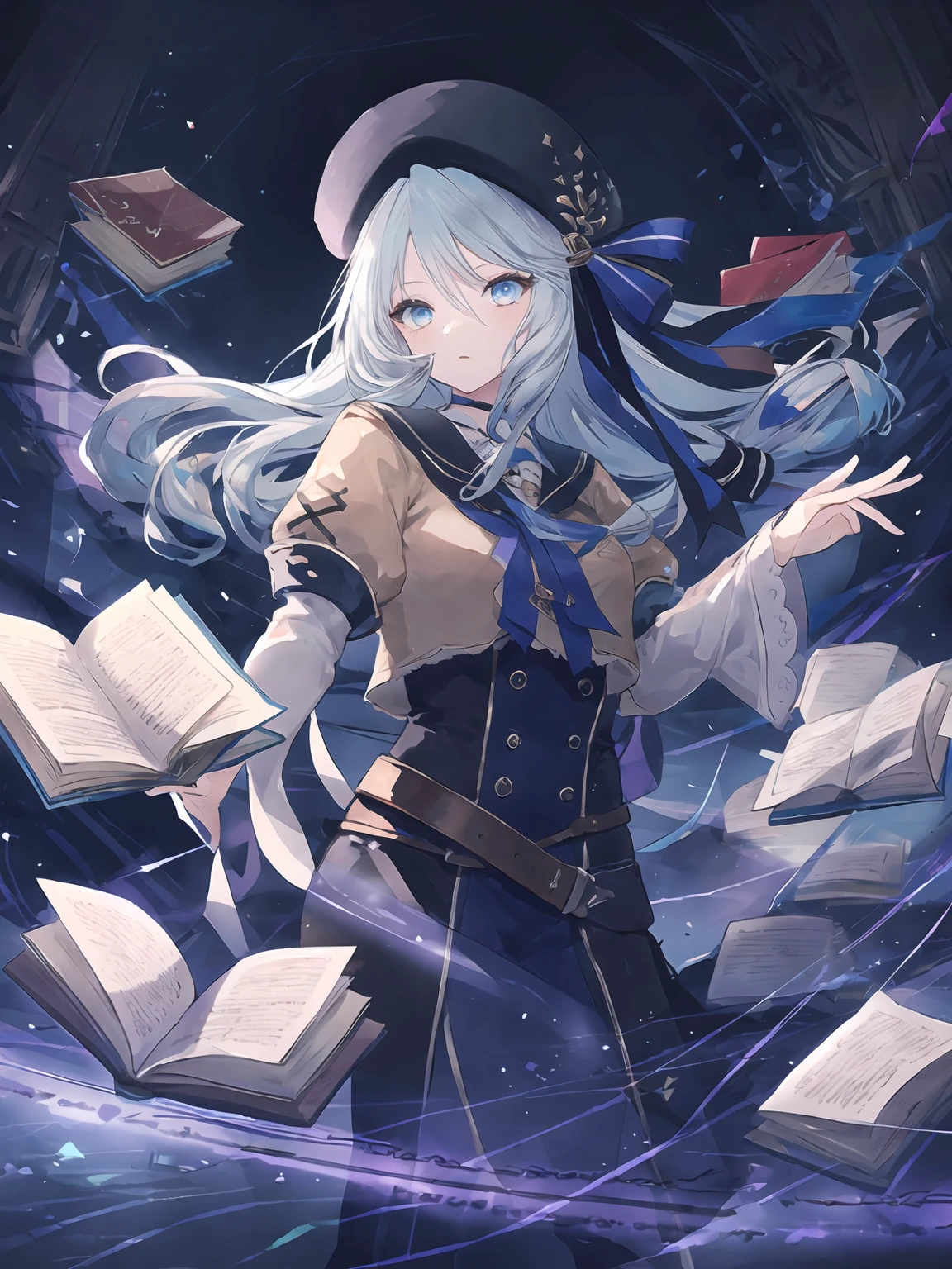masterpiece,best quality,highres,cinematic lighting,dramatic angle,1girl,<lora:ShadowverseAmaryllisV1:0.8>,light blue hair,blue eyes, brown shirt,black and purple dress,white sleeves,ribbon,hat,looking at viewer,bow,belt,sailor collar,holding book,outstretched hand, spread fingers,casting spell,dark magic,floating books