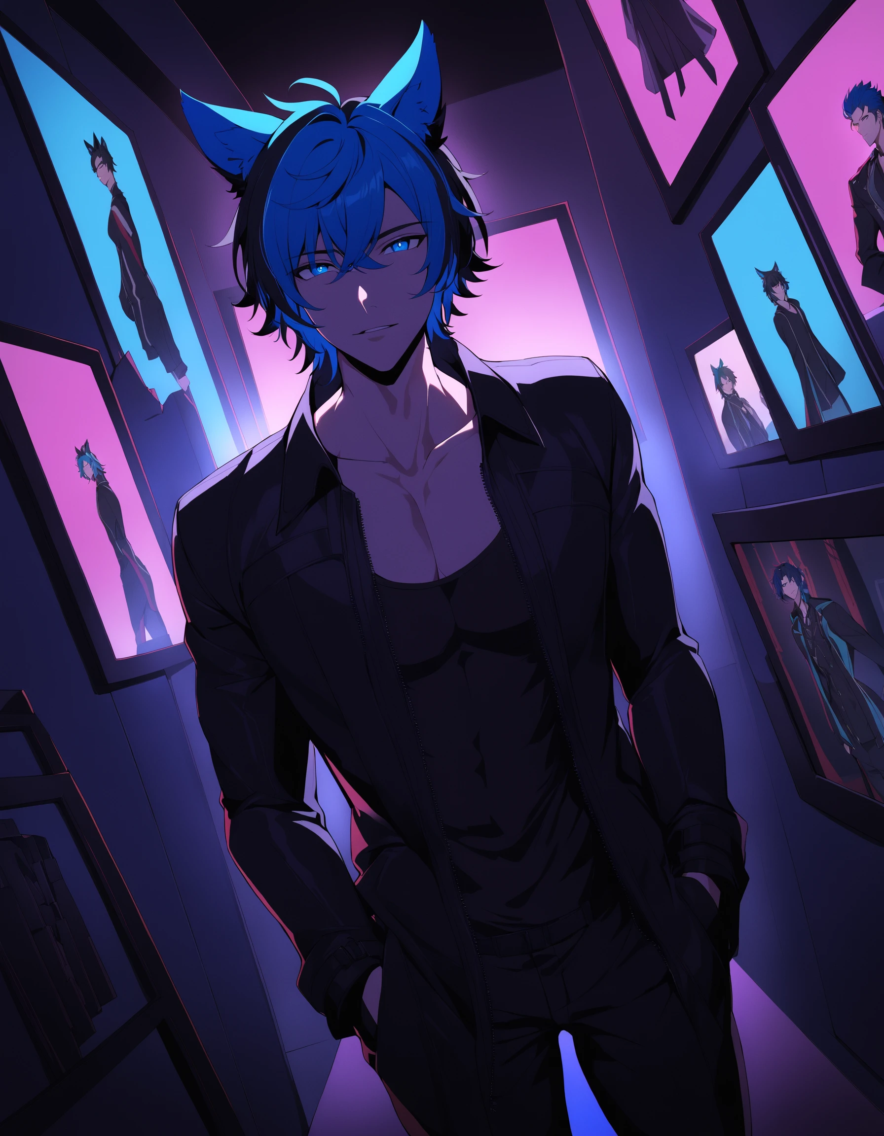 1boy, Kristoff O'hanlon, slsxl style, looking at viewer, short hair, bangs, blue eyes, black hair, animal ears, jewelry, blue hair, jacket, open clothes, open jacket, black jacket, photo , (object), cinematic lighting, neon rim lighting, side lighting, rembrandt lighting, cinematic angle, masterpiece, best quality , <lora:SL_SDXLv1:0.8>
